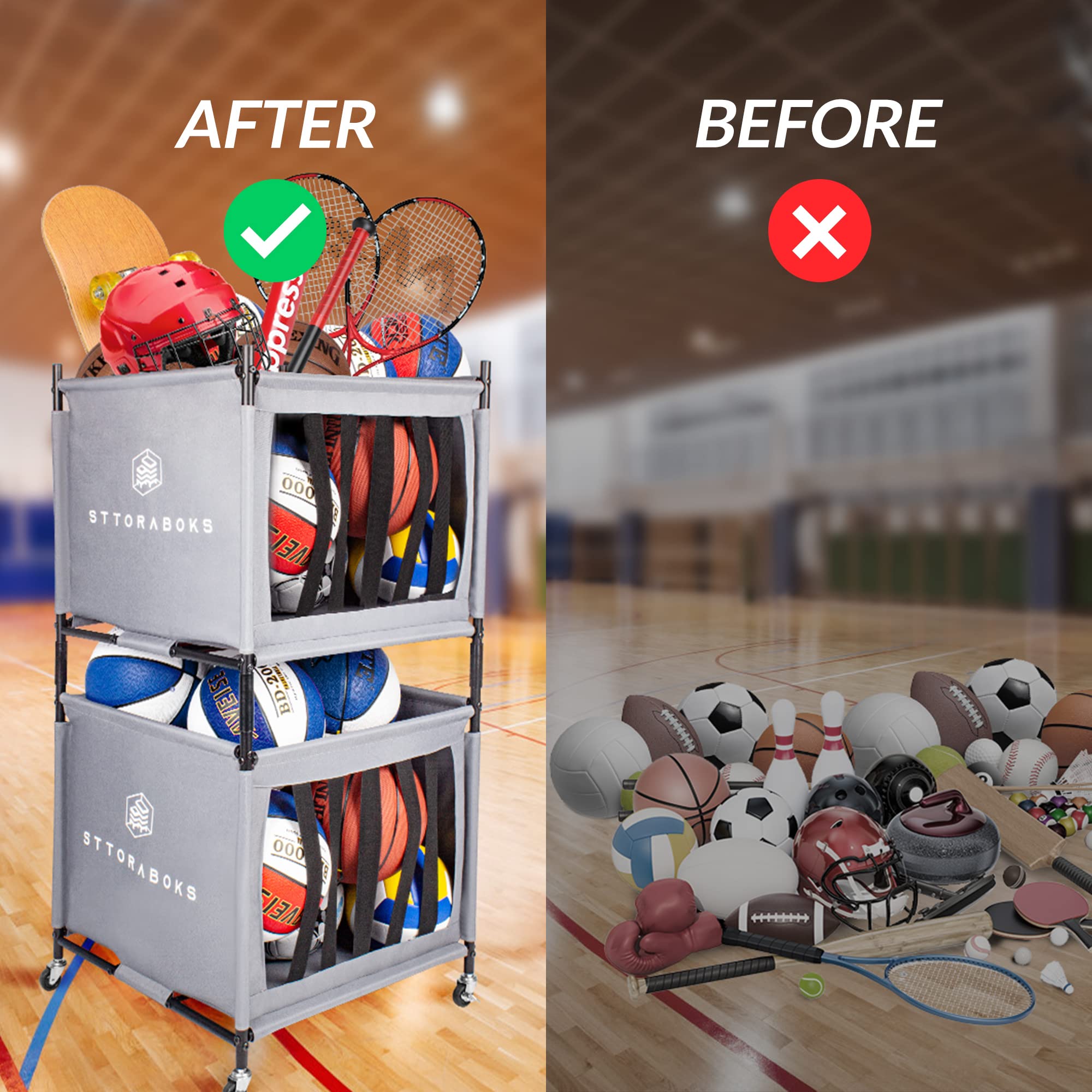 Lockable Sports Ball Storage Cart with Wheels - Stackable Ball Organizer Basket with Elastic Straps for Garage, Gym & Sports Equipment | Portable Ball Cage for Basketball, Soccer, Volleyball & Playground Use