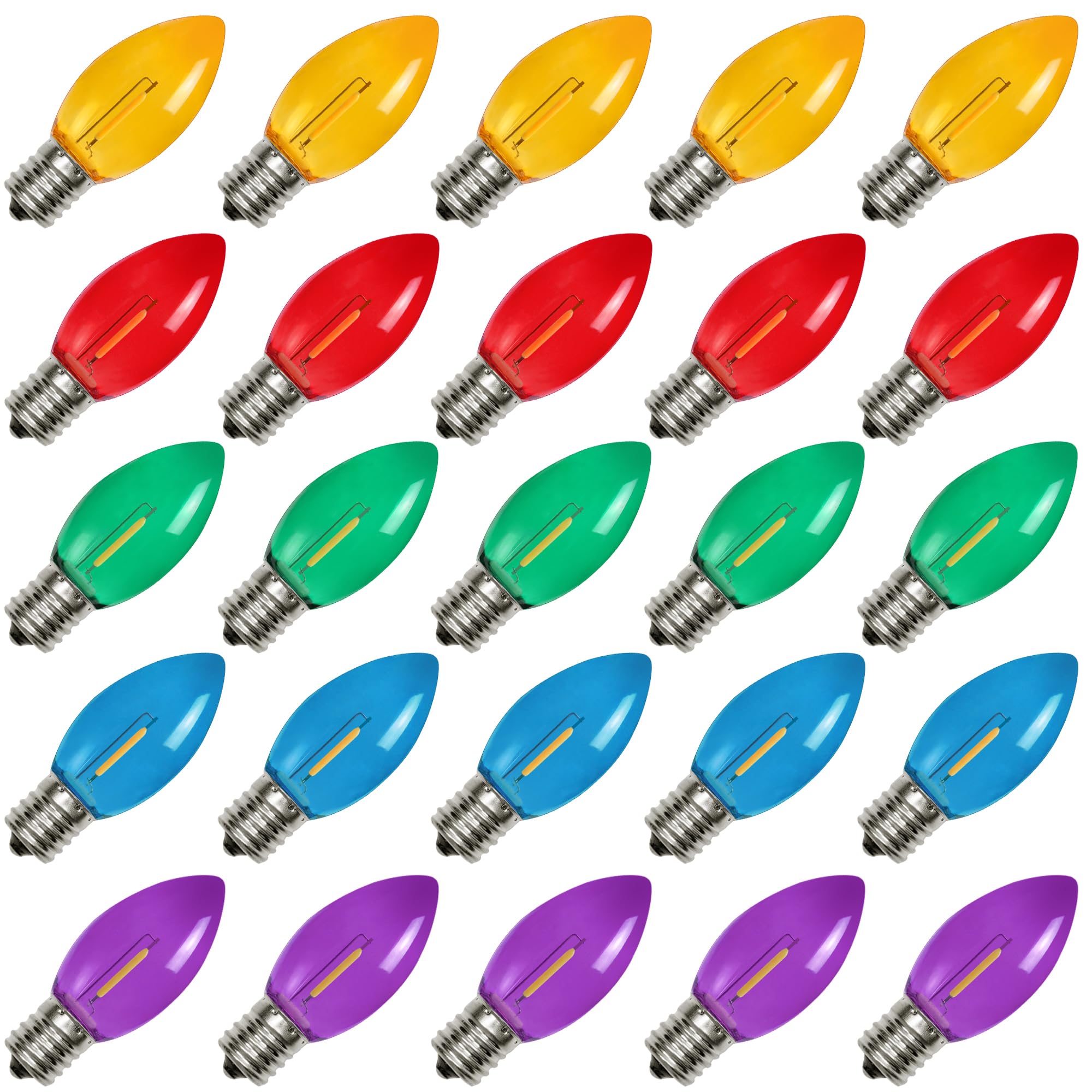 BORT 25 Pack Multicolor C9 LED Christmas Light Bulbs - Shatterproof Plastic, E17 Candelabra Base, Commercial Grade Holiday String Lights for Indoor/Outdoor Decorations - Perfect for Christmas Trees, Roofs, Windows and Holiday Displays