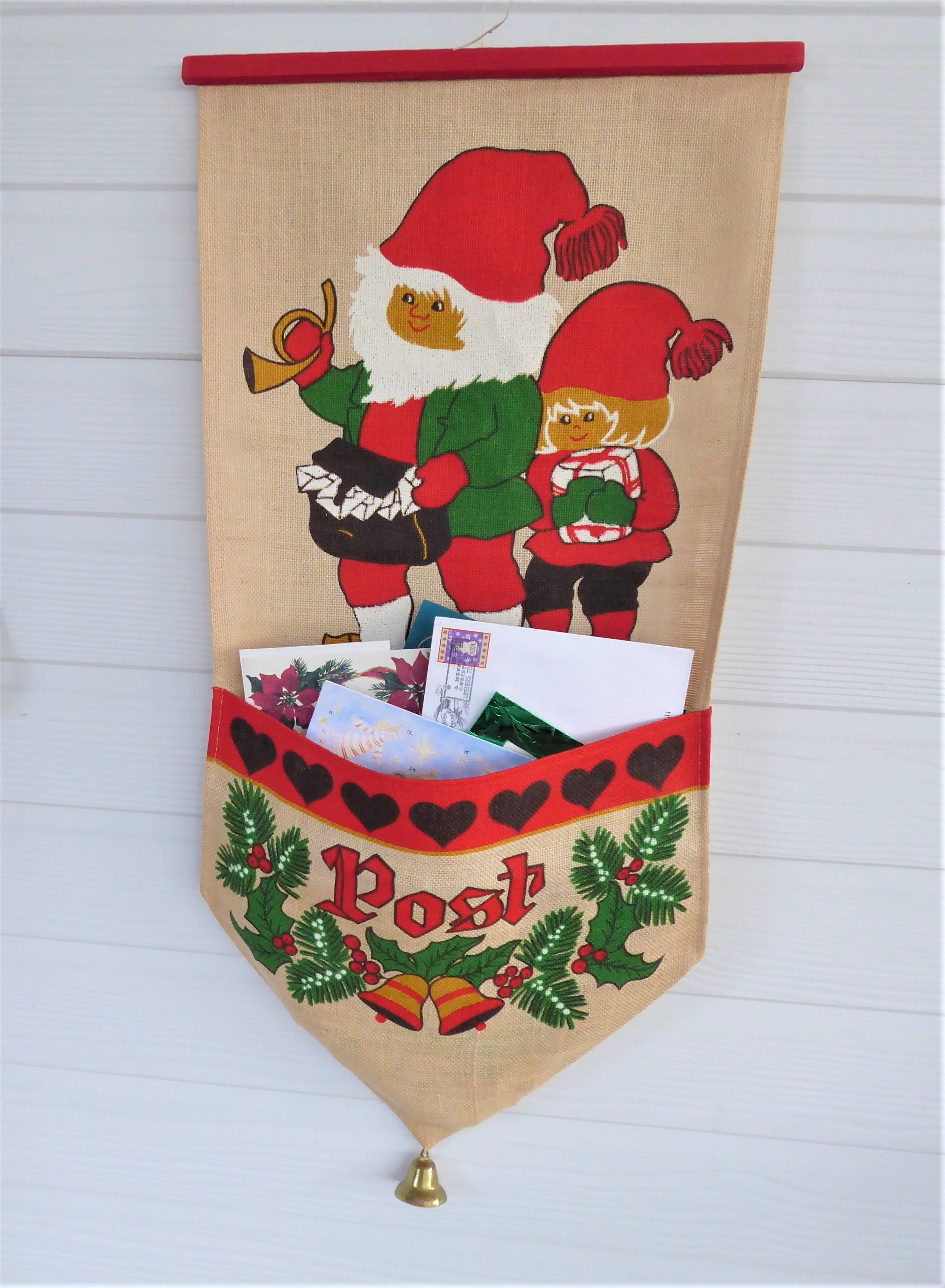 Vintage Scandinavian Christmas Post Nisse Tomte Card Holder - 1960s Burlap Swedish Norwegian Holiday Decor - Perfect for Christmas Tree Ornaments, Gift Tags & Festive Home Decor
