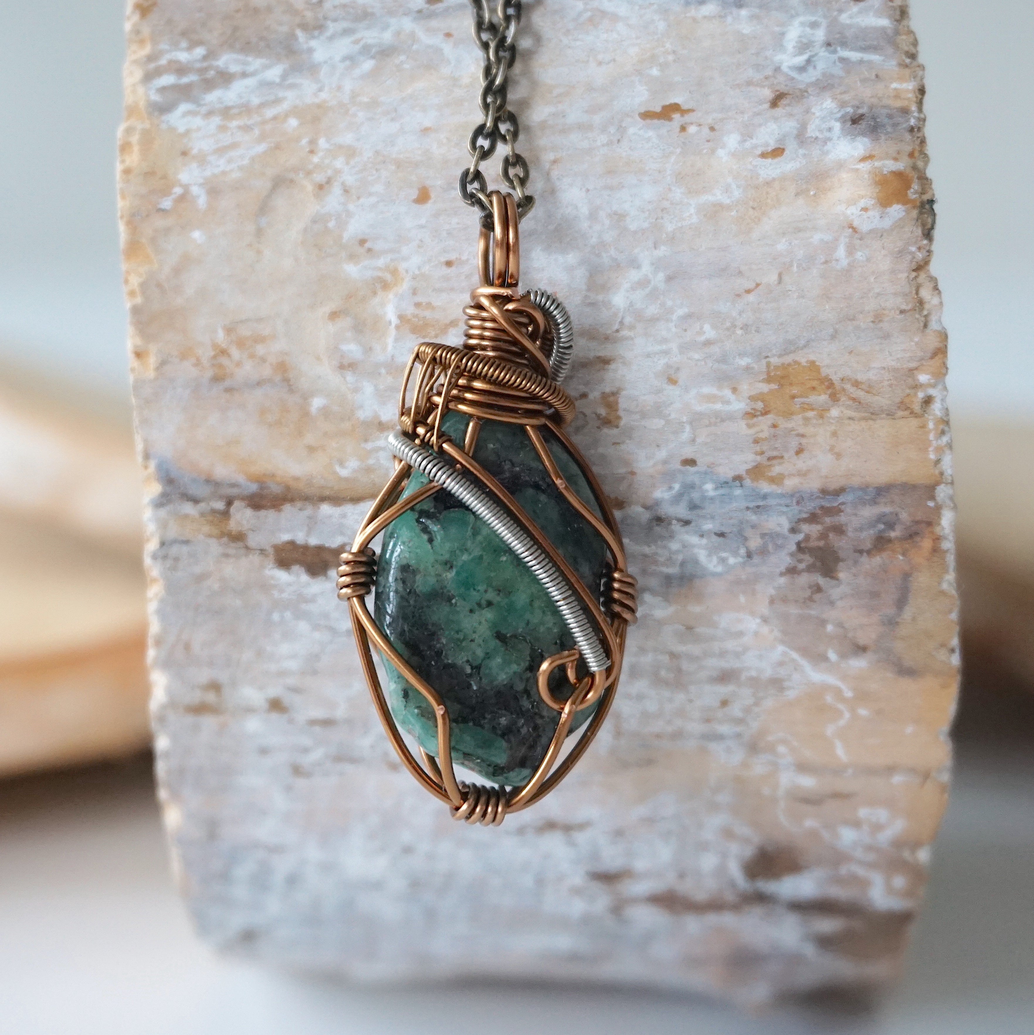 Natural Raw Emerald Crystal Necklace with Sterling Silver & Bronze Wire Wrapping - Healing Stone Jewelry for Meditation, Energy Cleansing & Spiritual Gifts