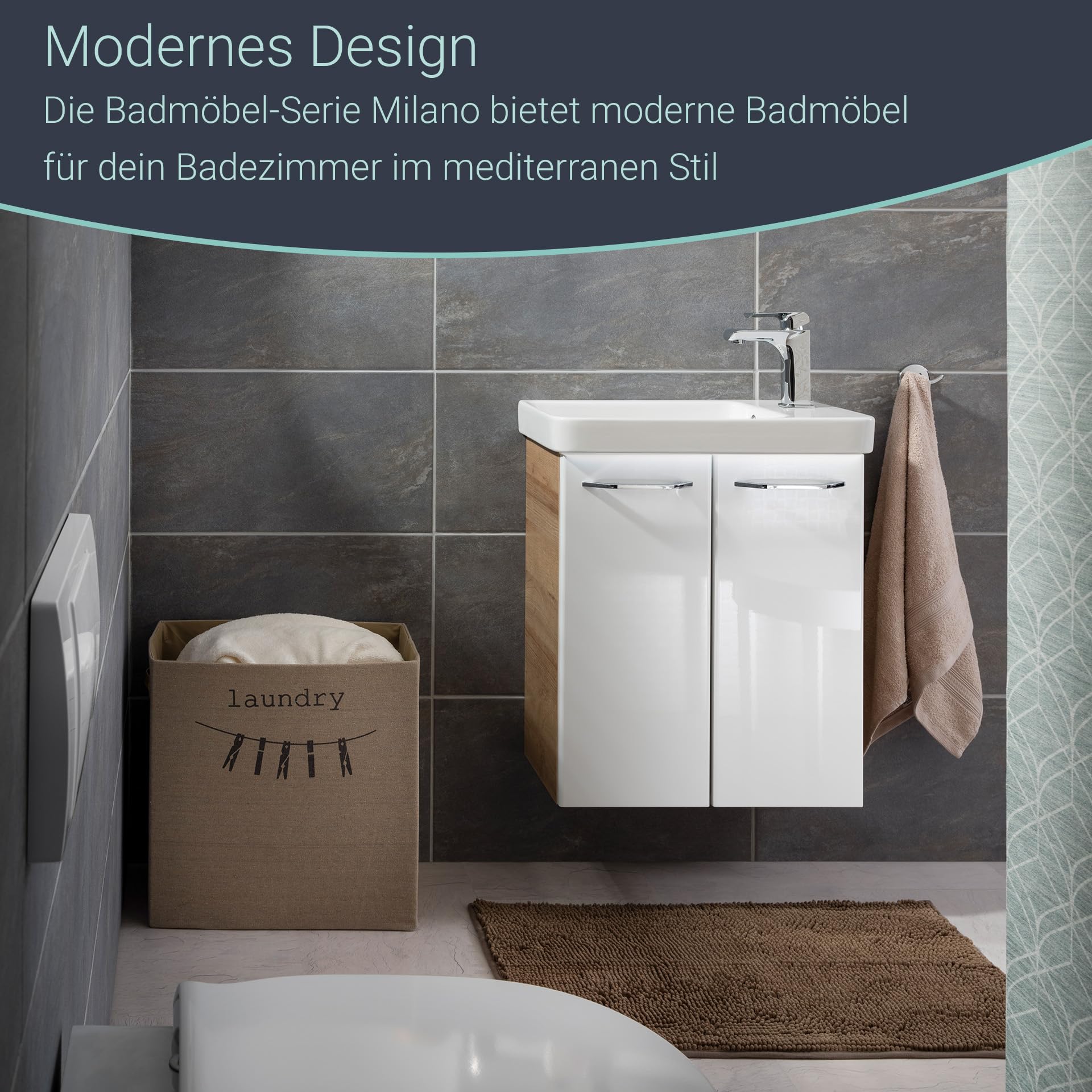 Milano Mini Vanity Unit with Soft-Close Doors - Light Brown Bathroom Cabinet with White Front - 20.5