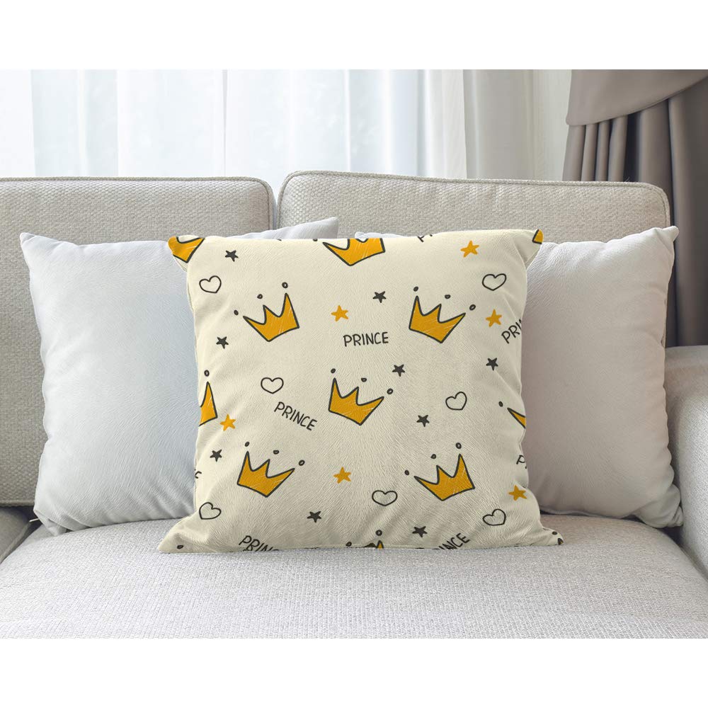 Moslion Crown Pillows - Cute Prince Crowns, Love Hearts & Stars Doodle Polka Dot Throw Pillow Cover - 18x18 Inch Square Decorative Cotton Linen Pillow Case - Yellow & White Accent Cushion for Bedroom, Living Room, Nursery Decor
