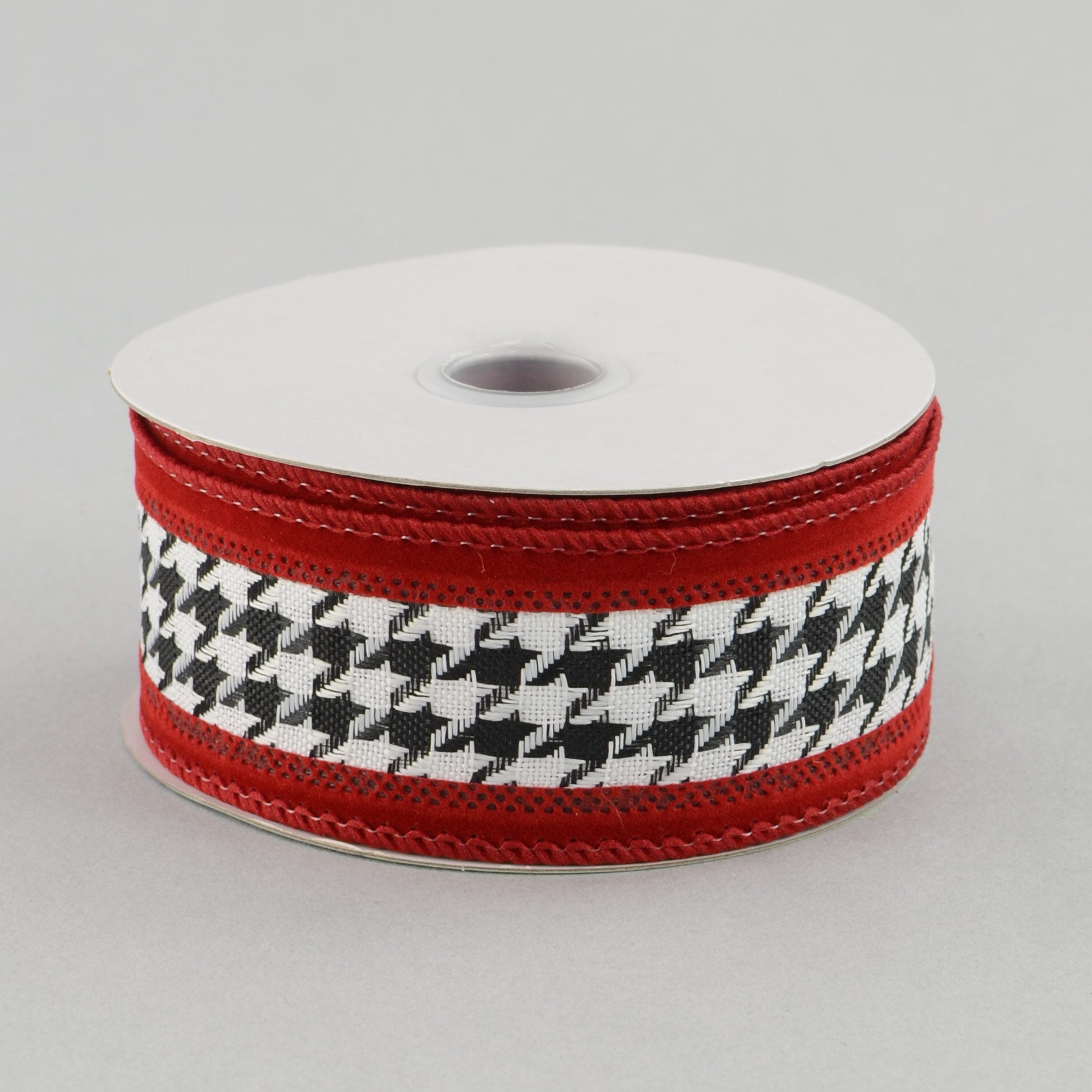 1.5 Inch Black and White Houndstooth Pattern with Crimson Ribbon - 10 Yards Bulk Roll for Gift Wrapping, Crafts, and DIY Projects