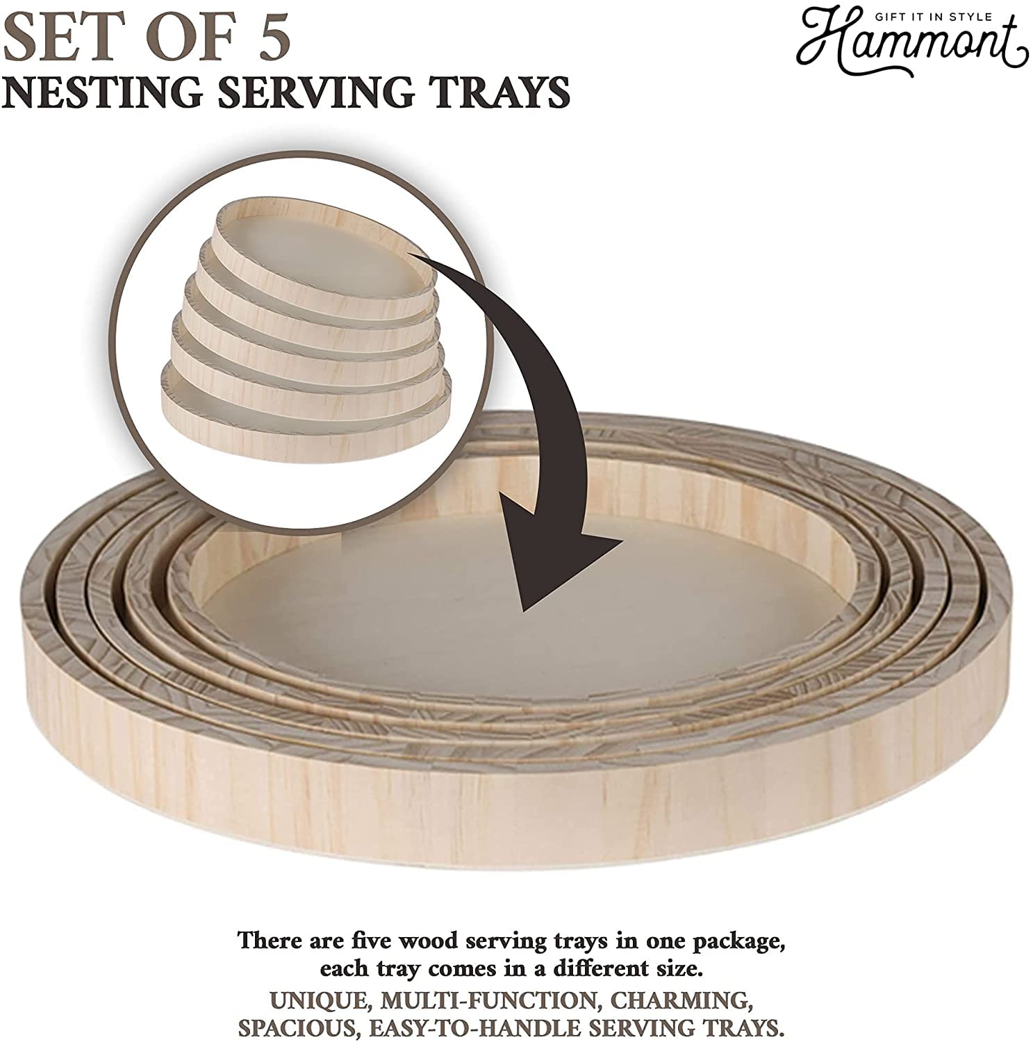 6 Sets of Hammont Wooden Nested Serving Trays - 5-Piece Round Wooden Tray Set (30 Trays Total) for Crafts, Kitchen, and Home Decor | Perfect for Serving Pastries, Snacks, Mini Bars, Chocolate, and Party Platters | Ideal for Weddings, Tea Parties, and Entertaining Guests