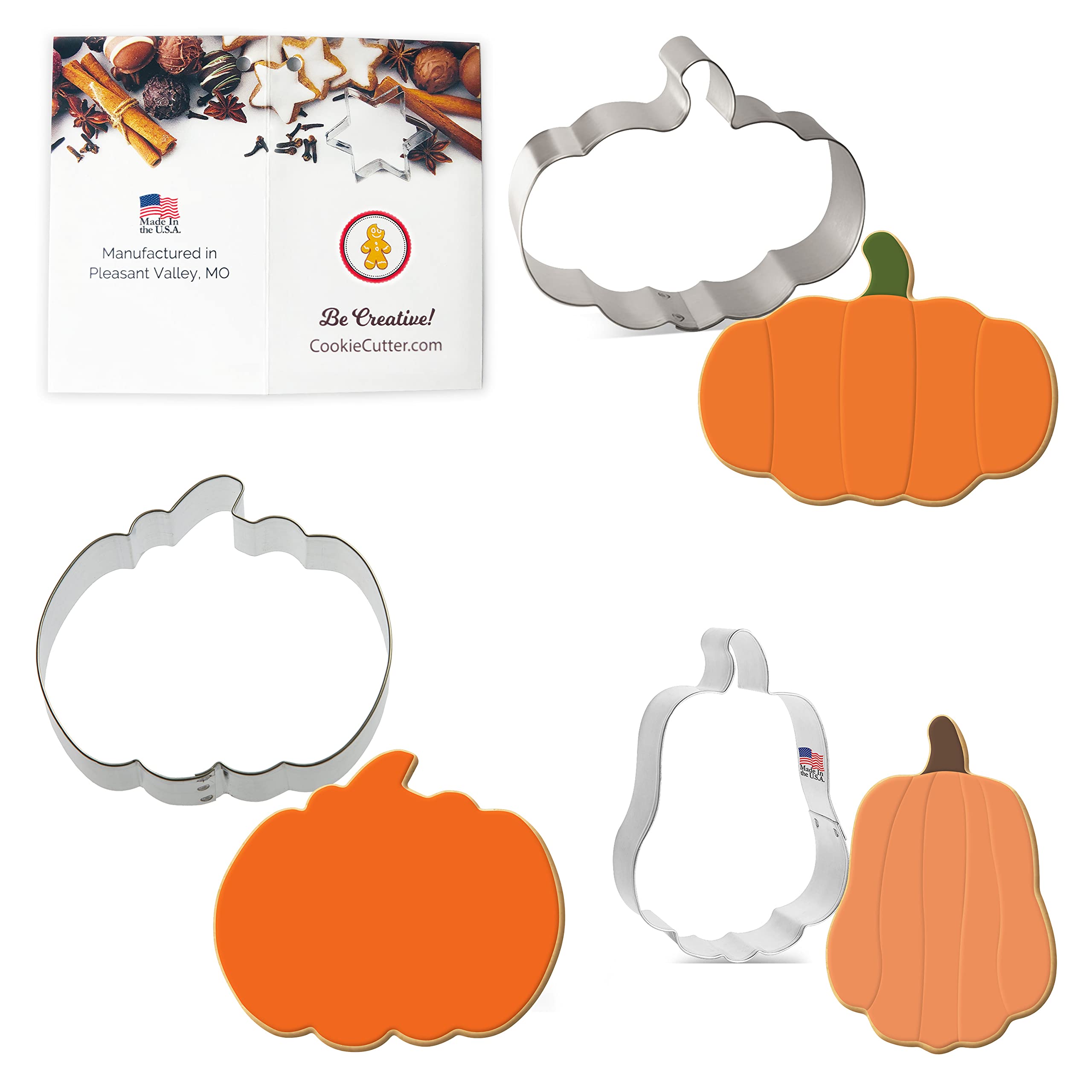 Premium 3-Piece Pumpkin Cookie Cutter Set - Tall & Flat Pumpkin Shapes | USA-Made Tin-Plated Steel Cutters for Halloween Baking, Fall Decor & Holiday Cookies