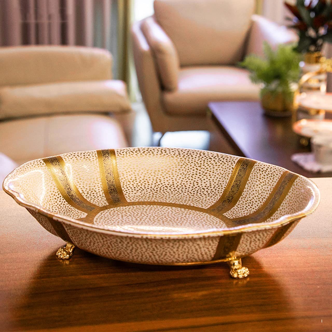 Ceramic Brass Fruit Trays & Platters - Elegant Table Centerpiece Bowls for Snacks, Food Serving Display Plates - Perfect for Living Room Coffee Table Decor & Party Serving