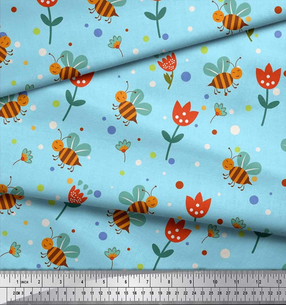 Soimoi Cotton Poplin Fabric - Blue Floral Bee Print - 56