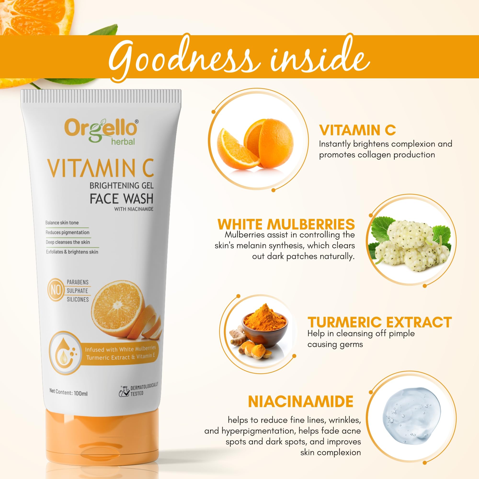 Orgello Herbal Vitamin C Face Wash (100ml) - Brightening, Acne Treatment & Dark Spot Remover for Clear Skin - SLS, Paraben & Silicone Free - Perfect for Daily Skincare & Glowing Complexion