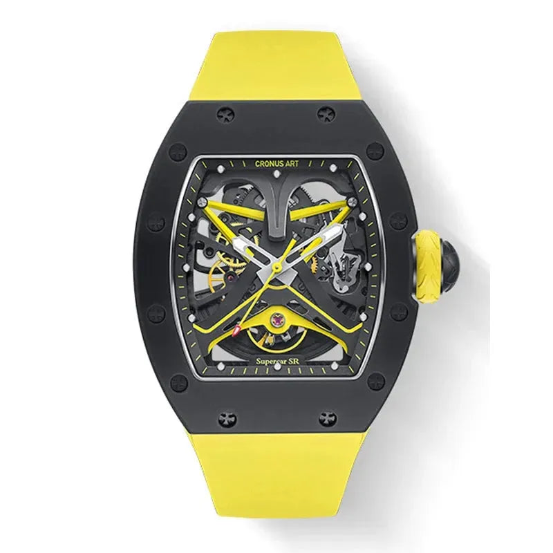 CRONUSART Men's Automatic Skeleton Watch - 50mm Tonneau Case, Carbon Steel, Luminous Hands, Fluororubber Strap - Mechanical Wristwatch for Business, Casual & Formal Occasions