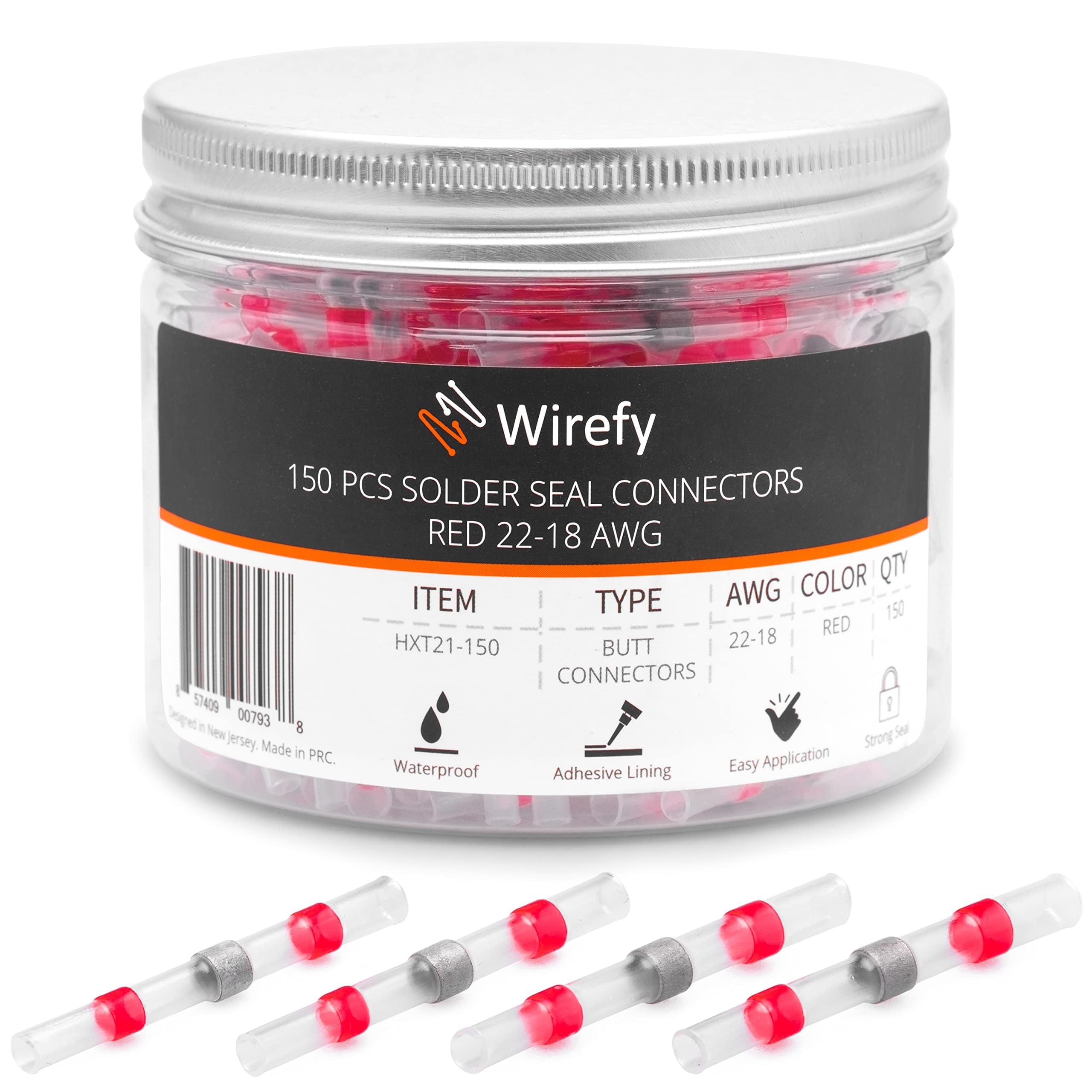 Wirefy 150 PCS Solder Seal Wire Connectors - Heat Shrink Waterproof Butt Connectors for 22-18 AWG Wires - Self-Soldering Electrical Sleeves for Marine, Automotive & Outdoor Wiring Applications