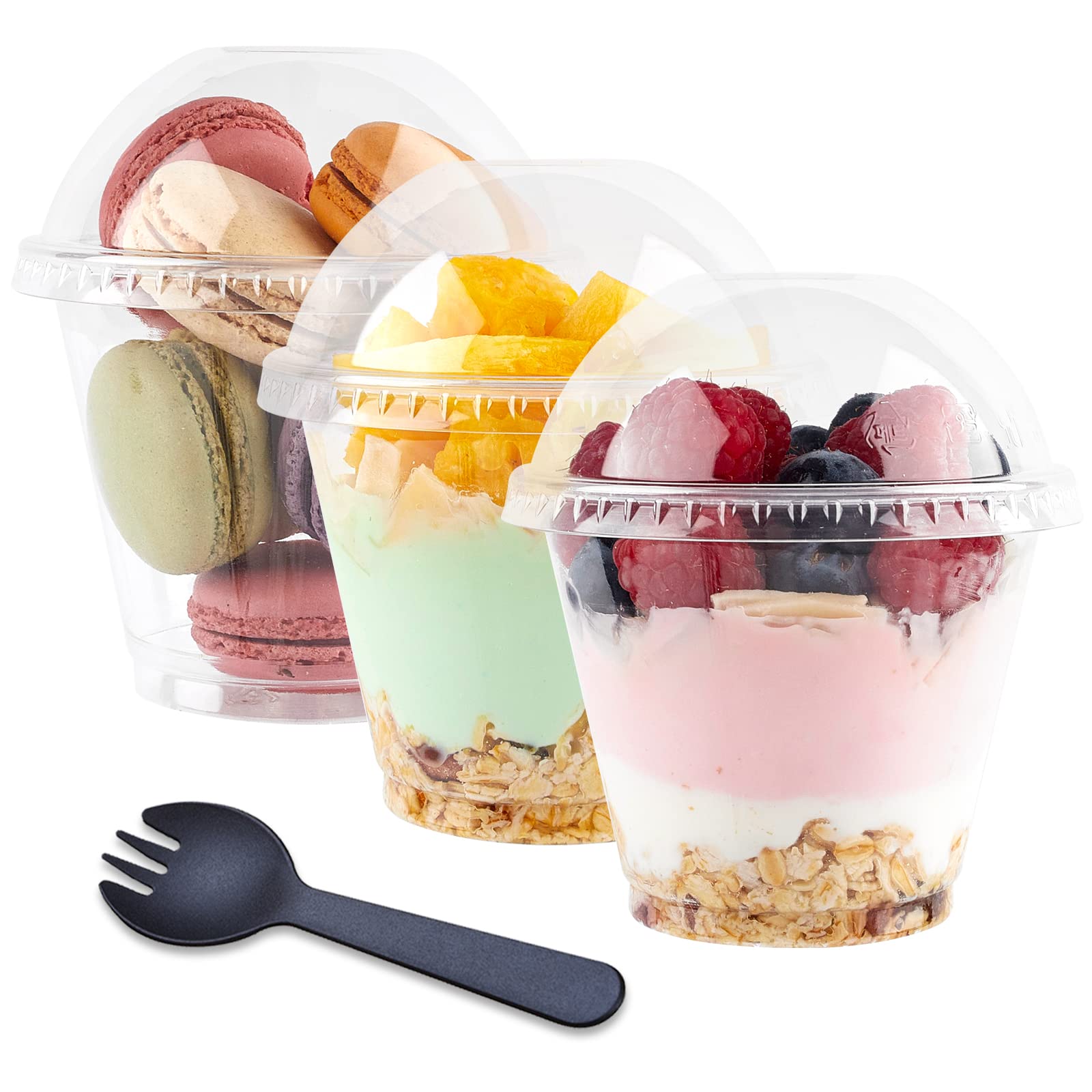 TOFLEN 50 Pack 9 oz Clear Plastic Dessert Cups with Dome Lids (No Hole) & Sporks - Disposable Parfait Yogurt Cups for Party, Pudding, Fruit, Cake - Perfect for Catering, Events, and Home Dessert Serving