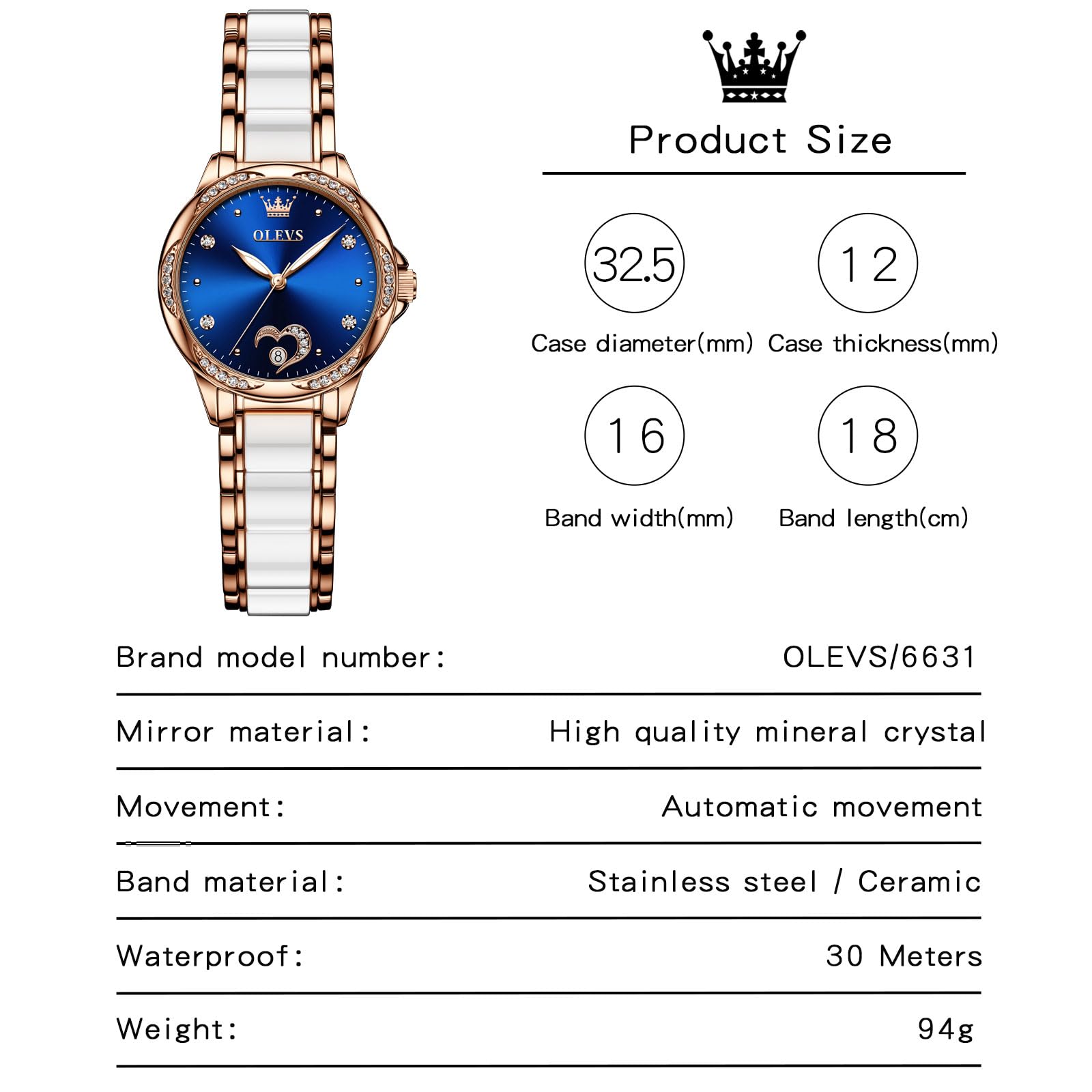 OLEVS Women's Luxury Diamond Automatic Self-Winding Watch - Elegant Stainless Steel & Ceramic Dress Watch with Luminous Hands, Waterproof for Daily Wear - Perfect for Office, Parties & Special Occasions