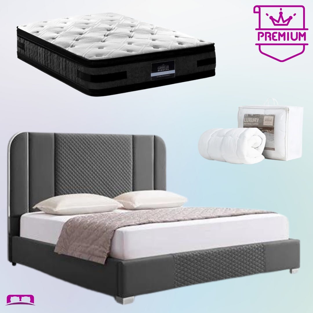 Premium King Bed Set - Luxe Halcyon Bed Frame in Black, Luna Series Euro Top Medium Firm Mattress & Bamboo Cooling Mattress Topper | Bedroom Upgrade for Ultimate Comfort & Support