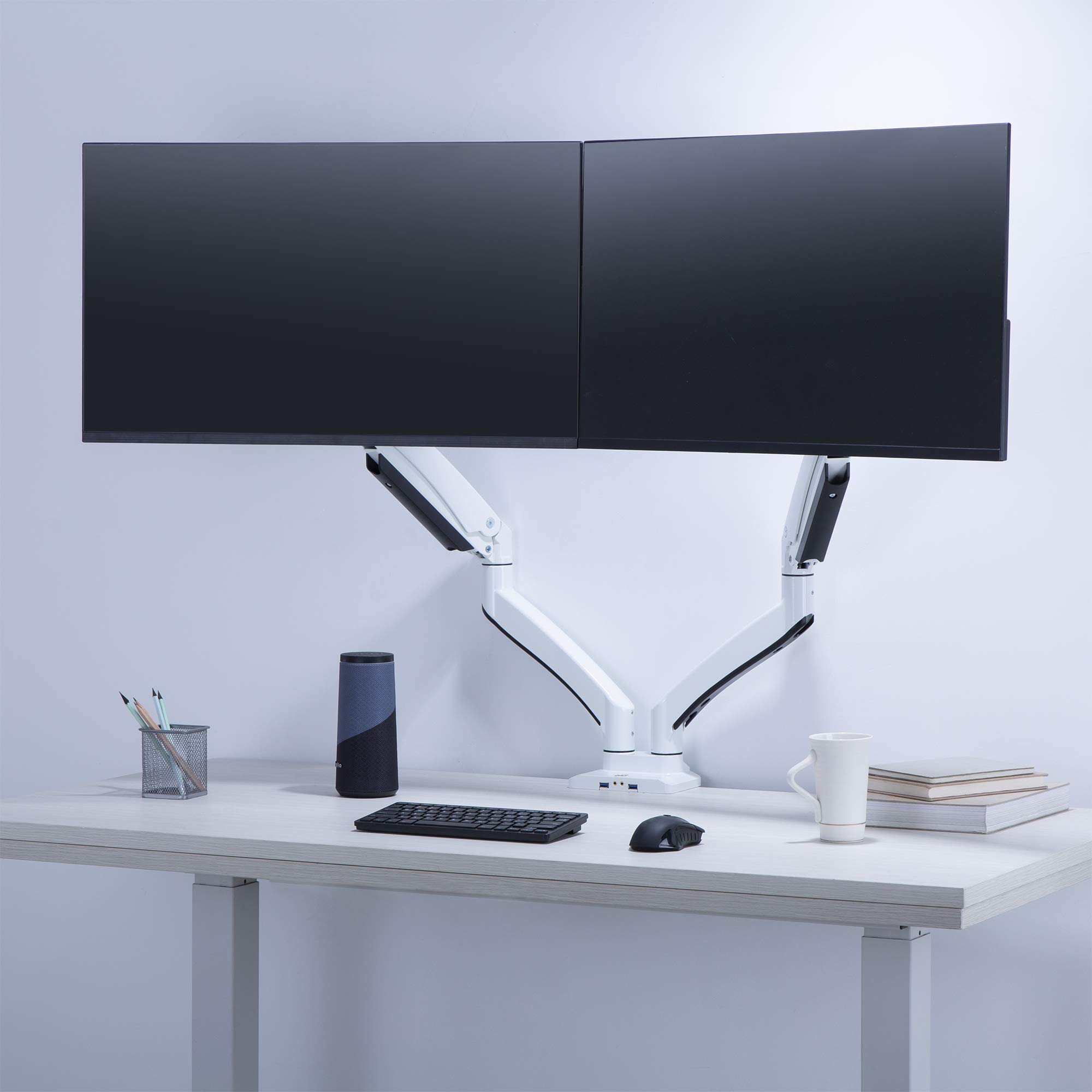 AVLT Dual Monitor Arm 13-43 Inch - Adjustable Full Motion Desk Mount for 2 Flat or Curved Screens with Height, Swivel, Tilt & Rotation - White (VESA 75x75/100x100) - C-Clamp/Grommet Mount & Cable Management - Perfect for Home Office, Gaming Setup & Workstation