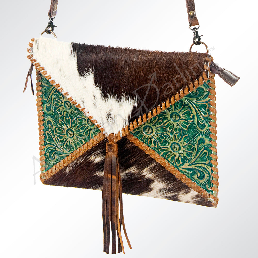 American Darling ADBG548BRW Genuine Leather Women's Western Handbag - Hand-Tooled Hair-On Cowhide Purse for Casual Outings & Country Events