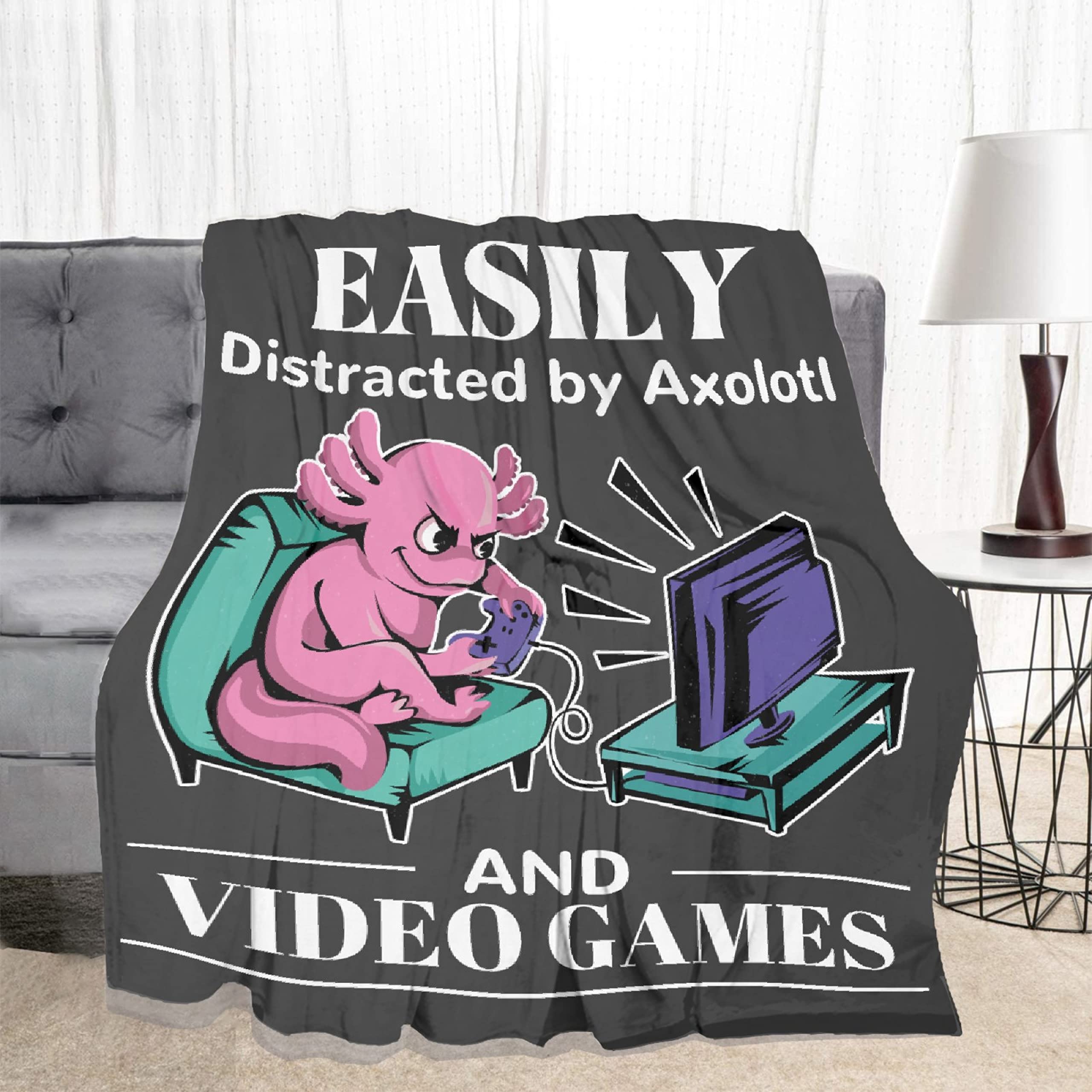 Soft Flannel Throw Blanket with Axolotl & Video Game Print - Lightweight Quilt for Sofa, Bed, Couch & Car - 120x90 Inches XL Cozy Decorative Blanket for Women & Men - Perfect Gift for Family, Gamers & Animal Lovers - Great for Lounging, Movie Nights & Road Trips