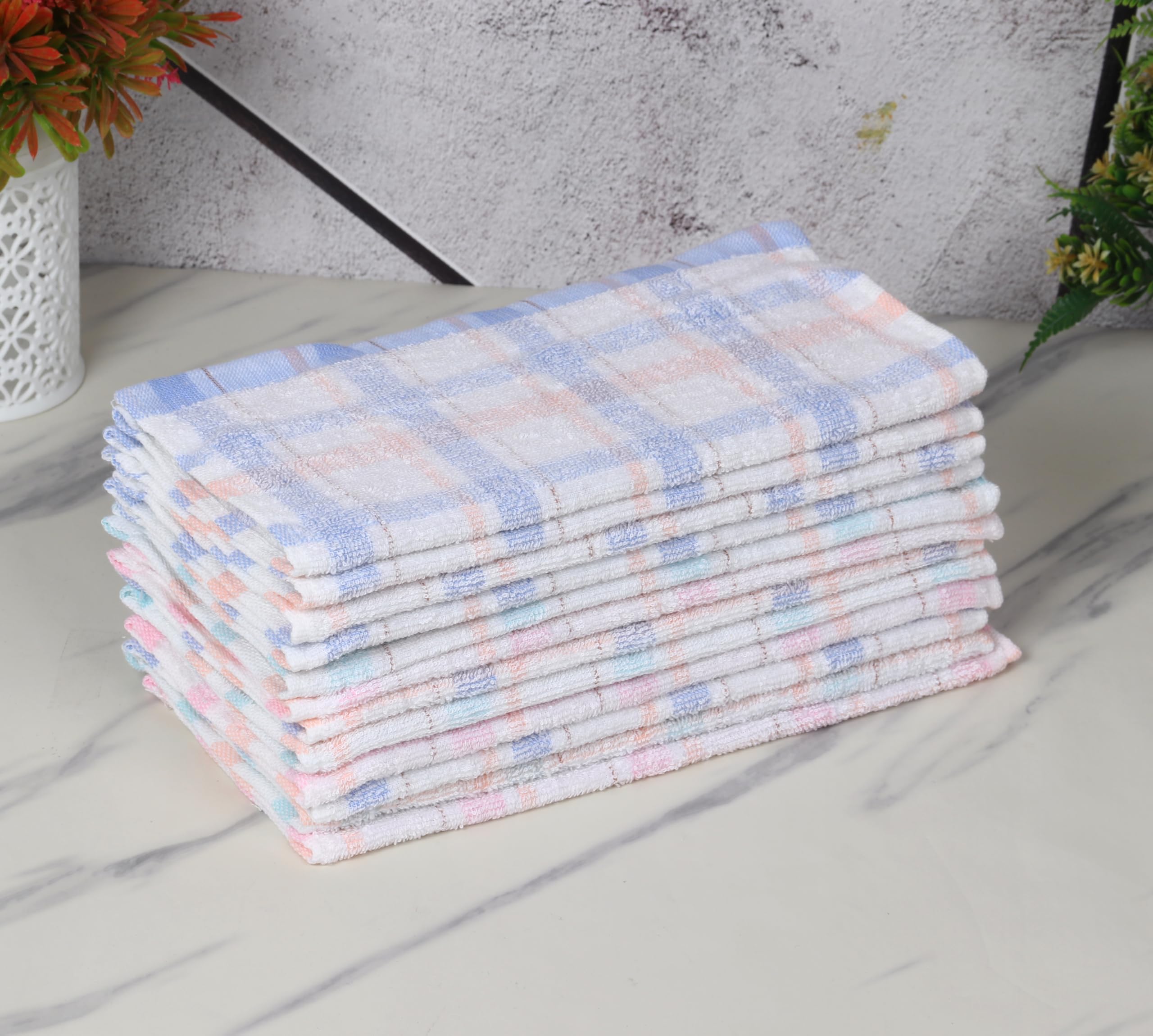 GRGRASP 10x10 Inch Terry Cotton Check Design Gentle Face Cleansing Towel - Pack of 12, Perfect for Daily Skincare and Makeup Removal