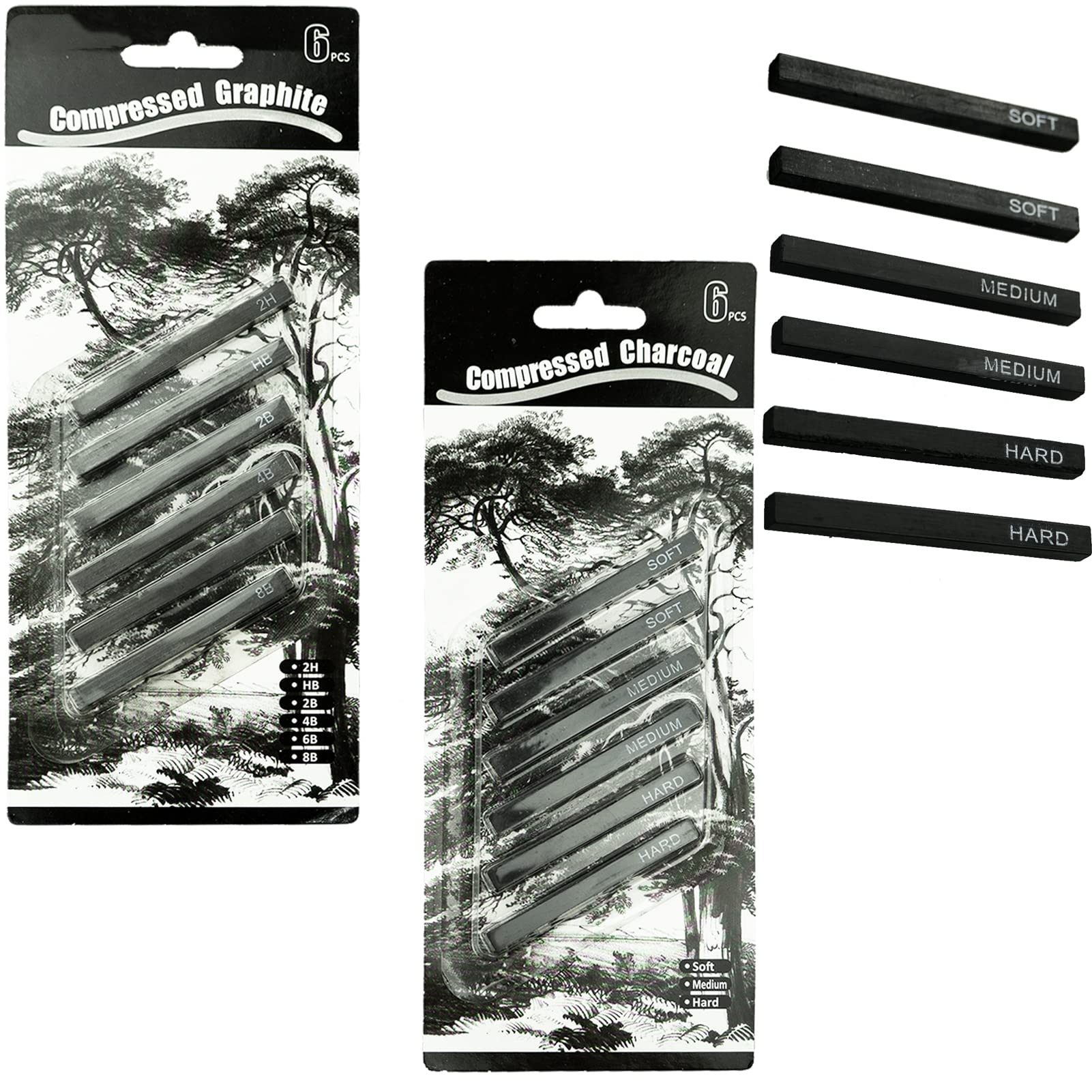 12pc Graphite Charcoal Sticks Set for Sketching & Shading - DIY Art Supplies for Beginners & Artists