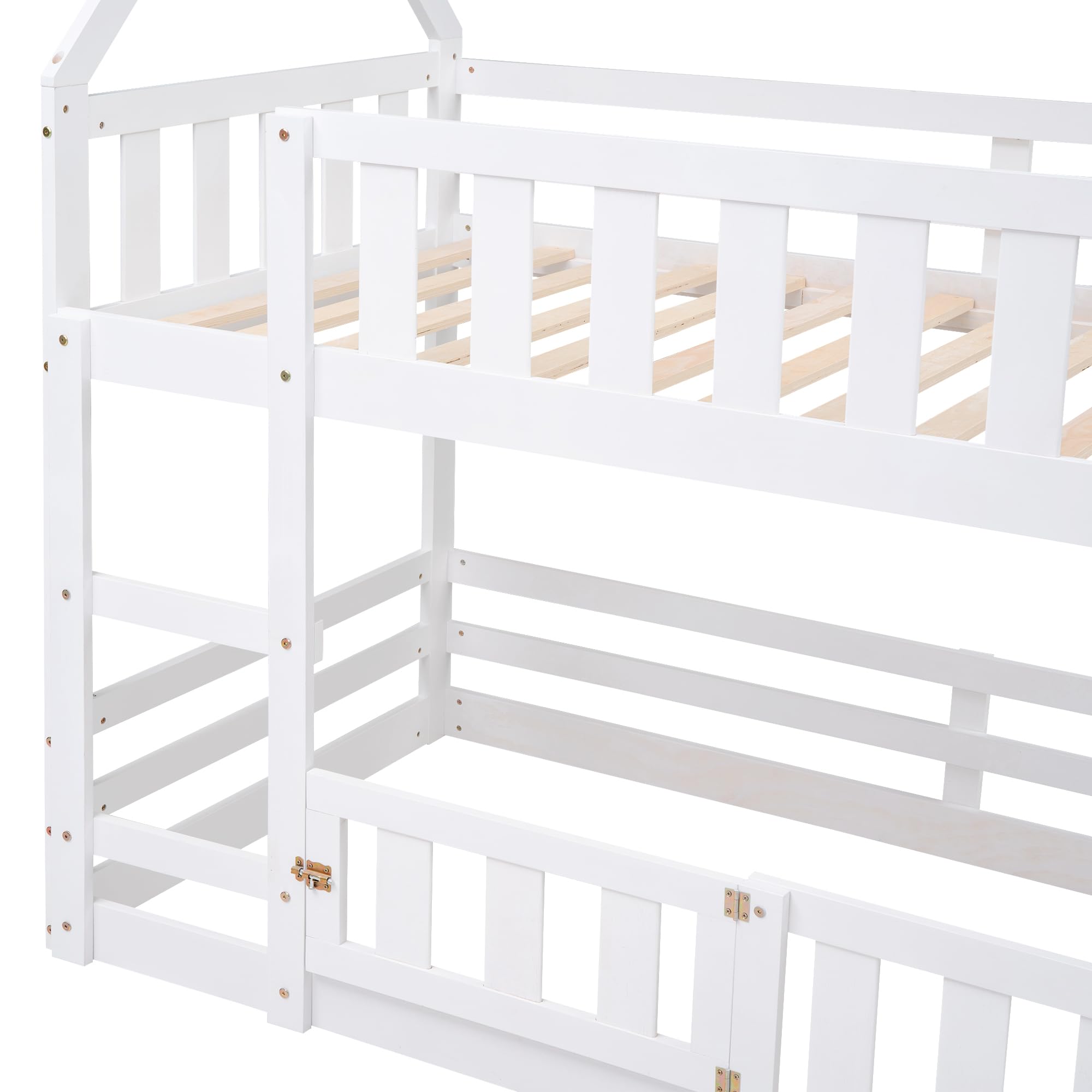 SOFTSEA Twin Over Twin Kids Bunk Bed - Low Profile House Design with Safety Fence, Guardrails & Ladder - Solid Wood Frame, No Box Spring Required - Perfect for Small Bedrooms, Shared Kids Rooms & Sleepovers (White)