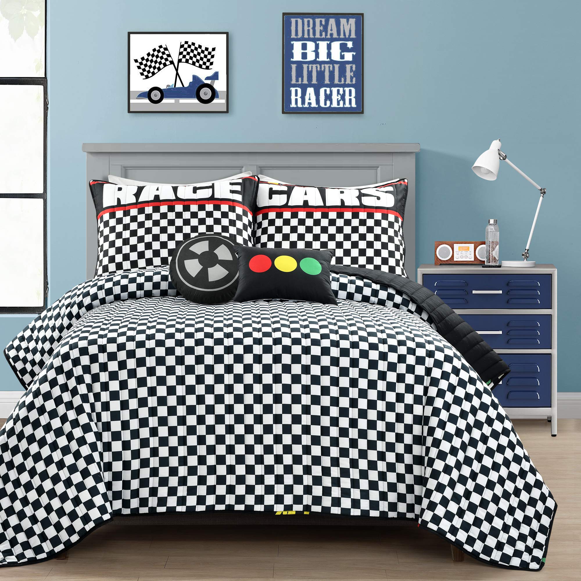 Lush Decor Racing Cars 5-Piece Quilt Set - Full/Queen Size, Black - Perfect for Kids' Bedrooms, Teen Rooms & Race Car Themed Decor