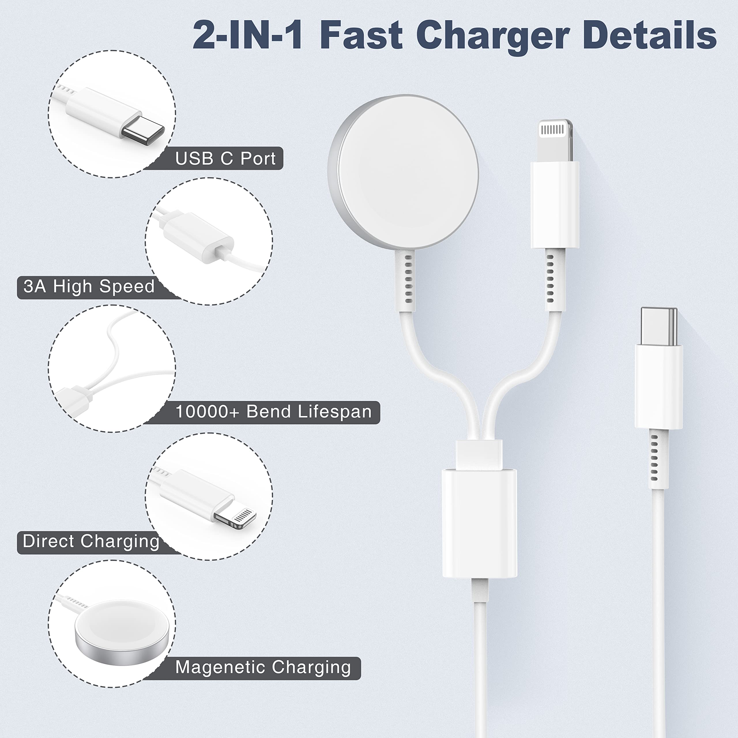 2-in-1 USB C Charger for Apple Watch & iPhone - 20W Fast Charging Cable with Wall Adapter for Apple Watch Series 8/7/6/5/SE & iPhone 14/13/12/AirPods - Perfect for Travel, Office & Home Use