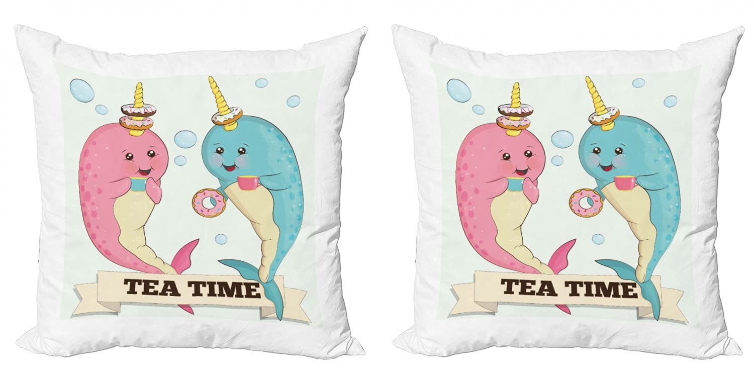 Ambesonne Narwhal Decorative Throw Pillow Covers Pack of 2 - Whimsical Tea-Drinking Whale & Ocean Unicorn Design with Abstract Bubbles - 24