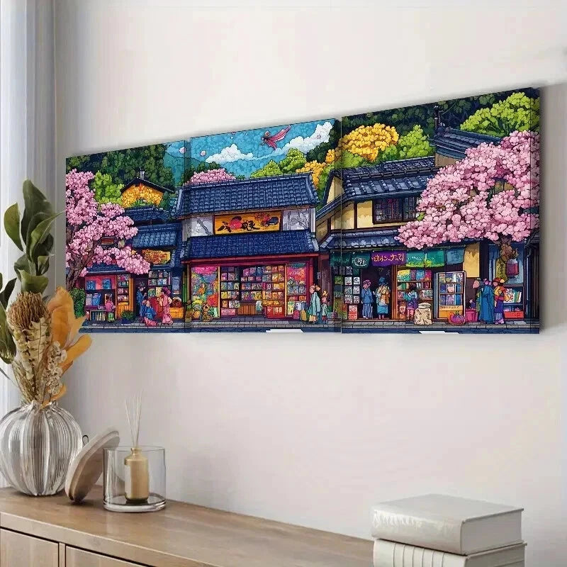 3-Piece Vibrant Japanese Comic Book Store Scene Wall Art Set - Framed Canvas 50x70cm (20x28in) - High Quality Print - Ready to Hang - Perfect for Anime Lover's Bedroom, Game Room or Office Decor