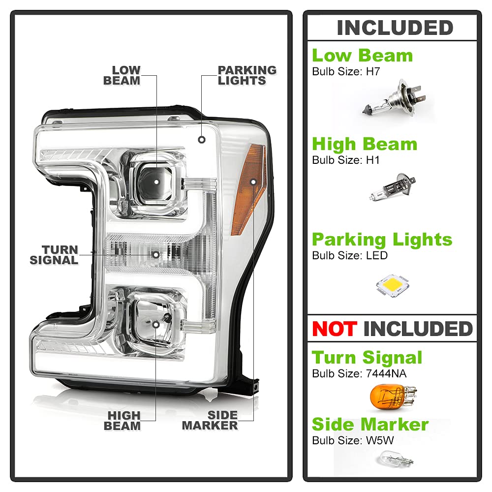 ACANII Chrome Dual LED Tube Projector Headlights Set for 2017-2019 Ford F250 F350 Super Duty - Left & Right Pair - Upgrade Your Truck's Lighting for Night Driving & Off-Road Adventures