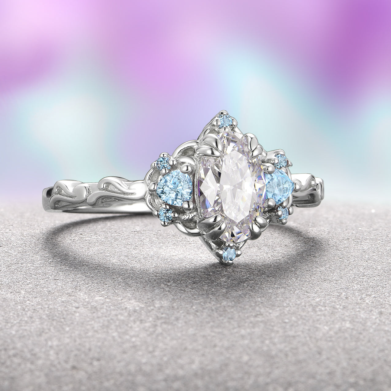 IGI Certified 14K White Gold Lab Grown Diamond & Aquamarine Ring for Women - Elegant Engagement, Wedding, Anniversary Gift Jewelry