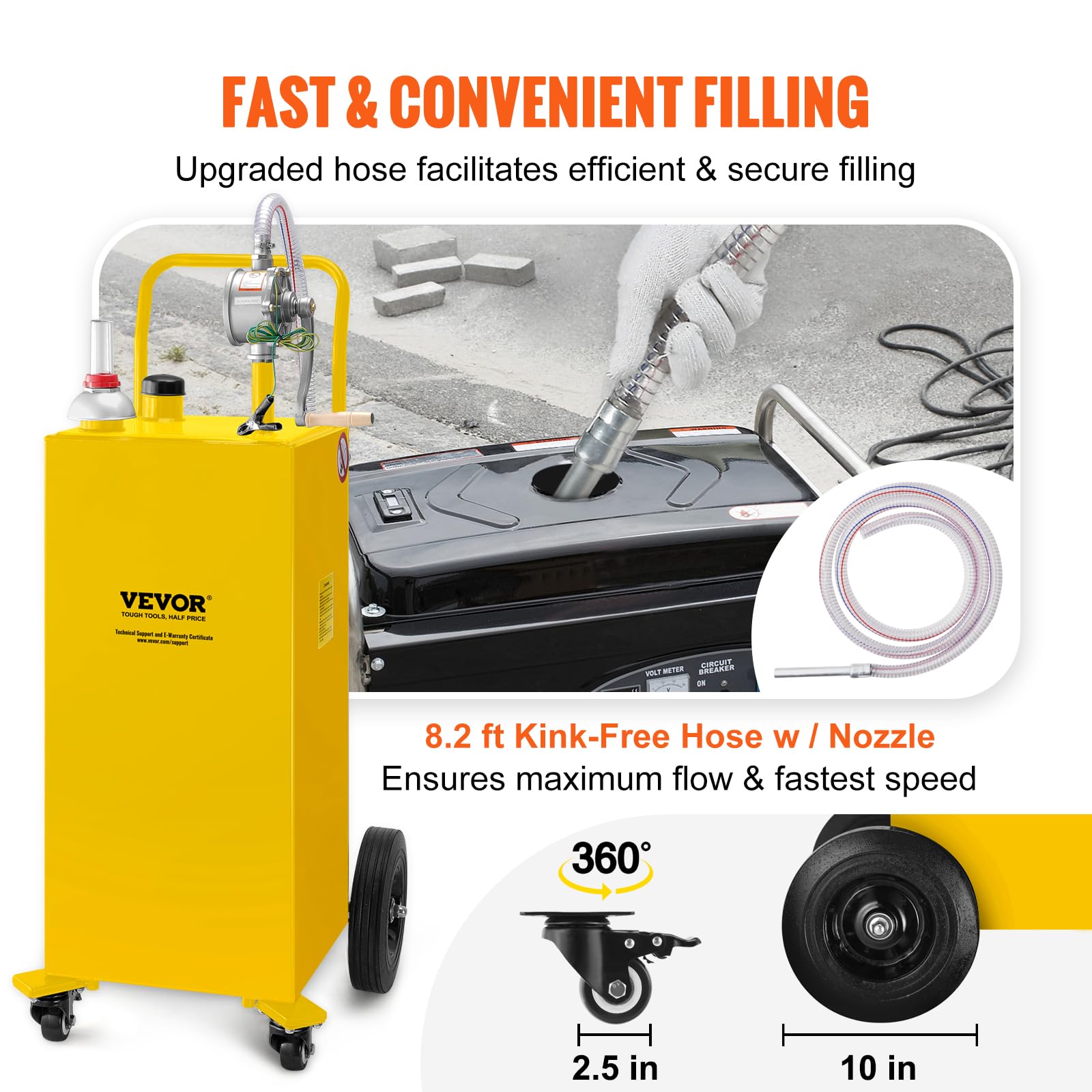 VEVOR 35 Gallon Fuel Caddy with Manual Transfer Pump - 4-Wheel Gas & Diesel Storage Tank for Cars, Lawn Mowers, ATVs, Boats - Portable Fuel Container for Garage, Farm, Construction & Outdoor Use - Yellow