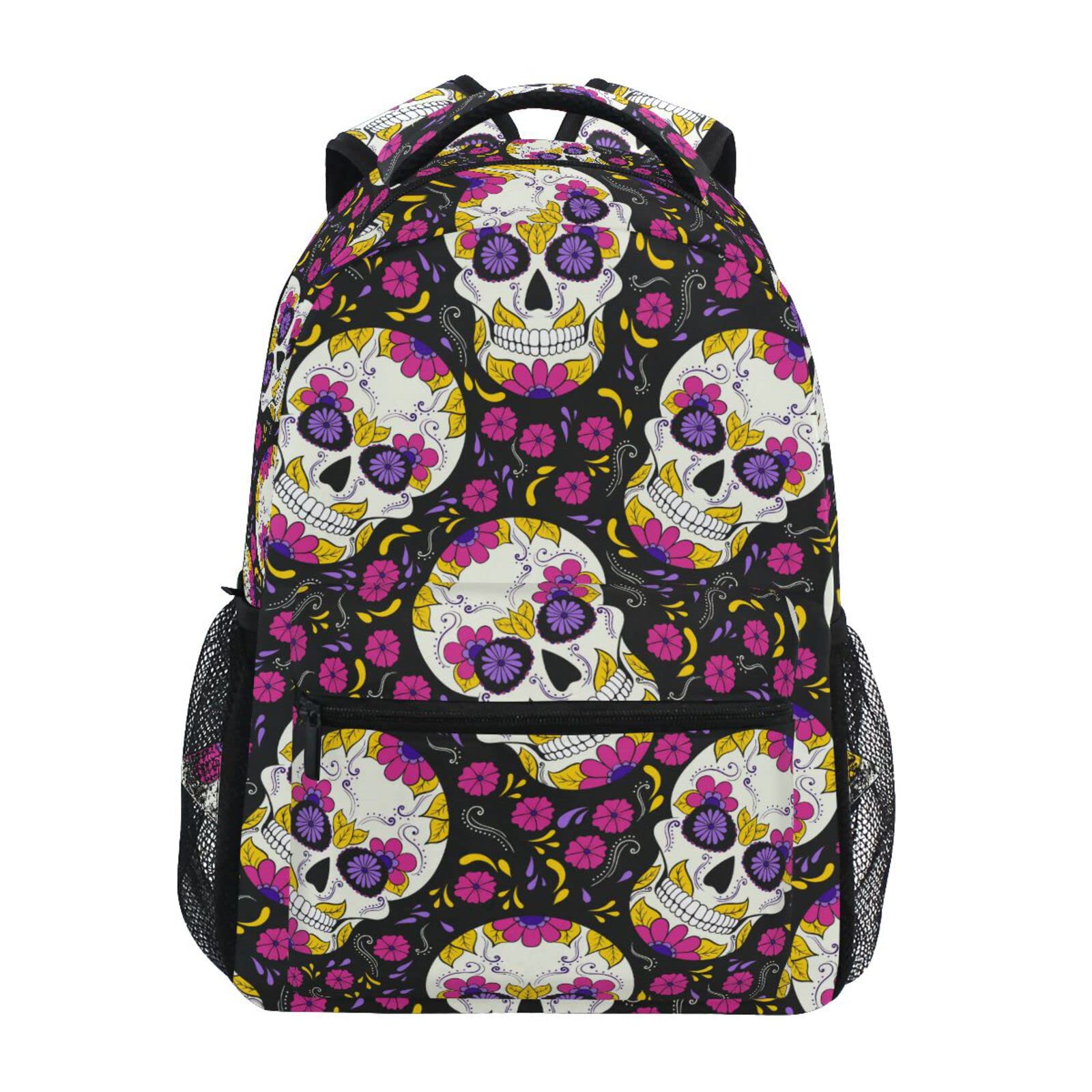 ALAZA Day of the Dead Sugar Skull Backpack - Personalized Laptop Book Bag with Multiple Pockets & Name Card Holder (16.9 inch Medium) for Travel, School & Work | Gothic Fashion Accessory