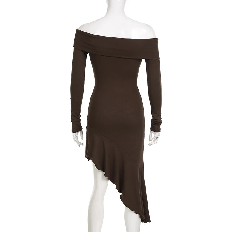 Elegant Asymmetrical Brown Midi Dress for Women - Ruffled Slash Neck Bodycon Dress with Long Sleeves | Perfect for Autumn Parties, Date Nights & Office Wear