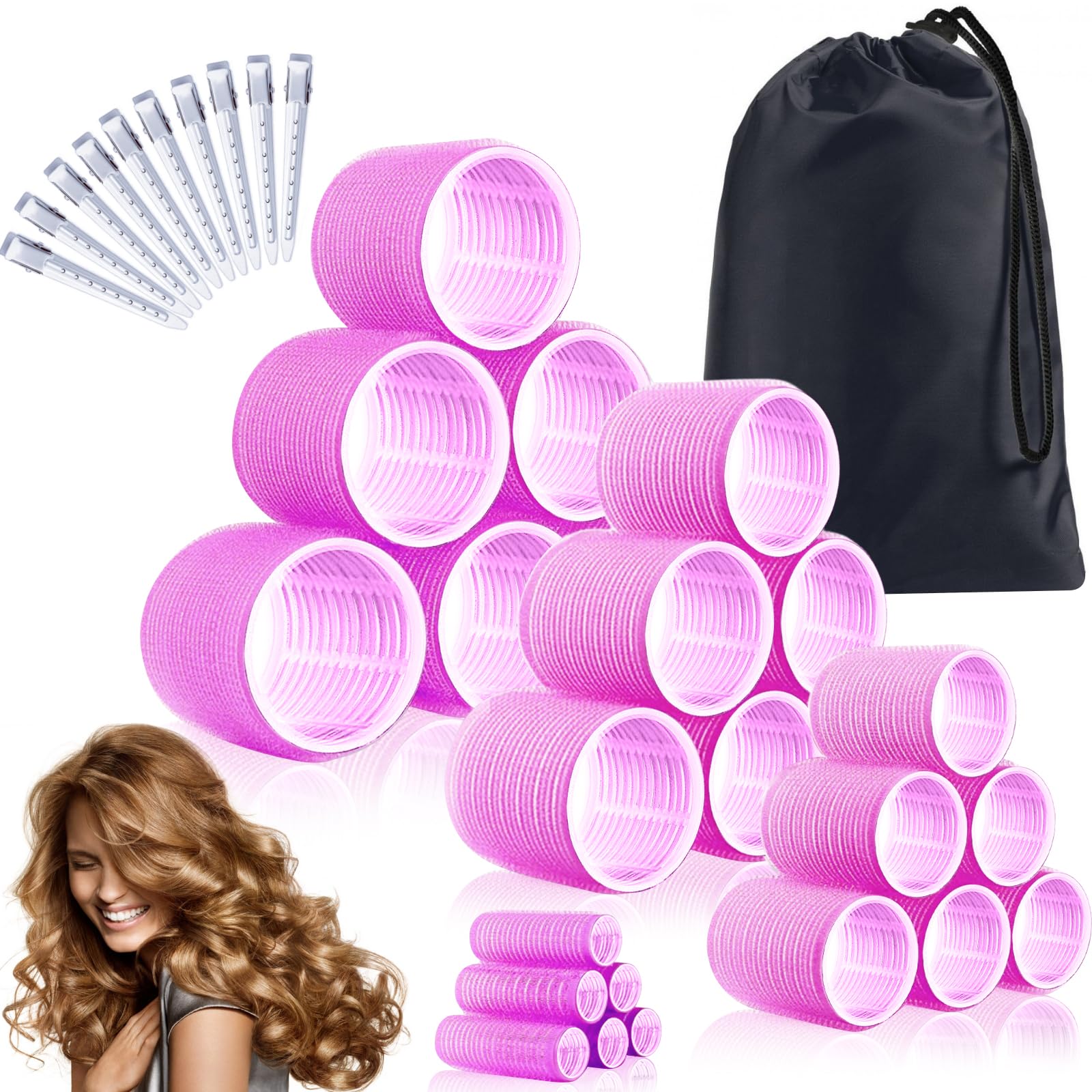 34Pcs Self-Grip Hair Rollers Set with Clips for Volume & Curls - 4 Sizes Salon Quality Hair Curlers for DIY Hairstyling - Includes Storage Bag - Perfect for Home Use, Salon Styling & Party Hairstyles
