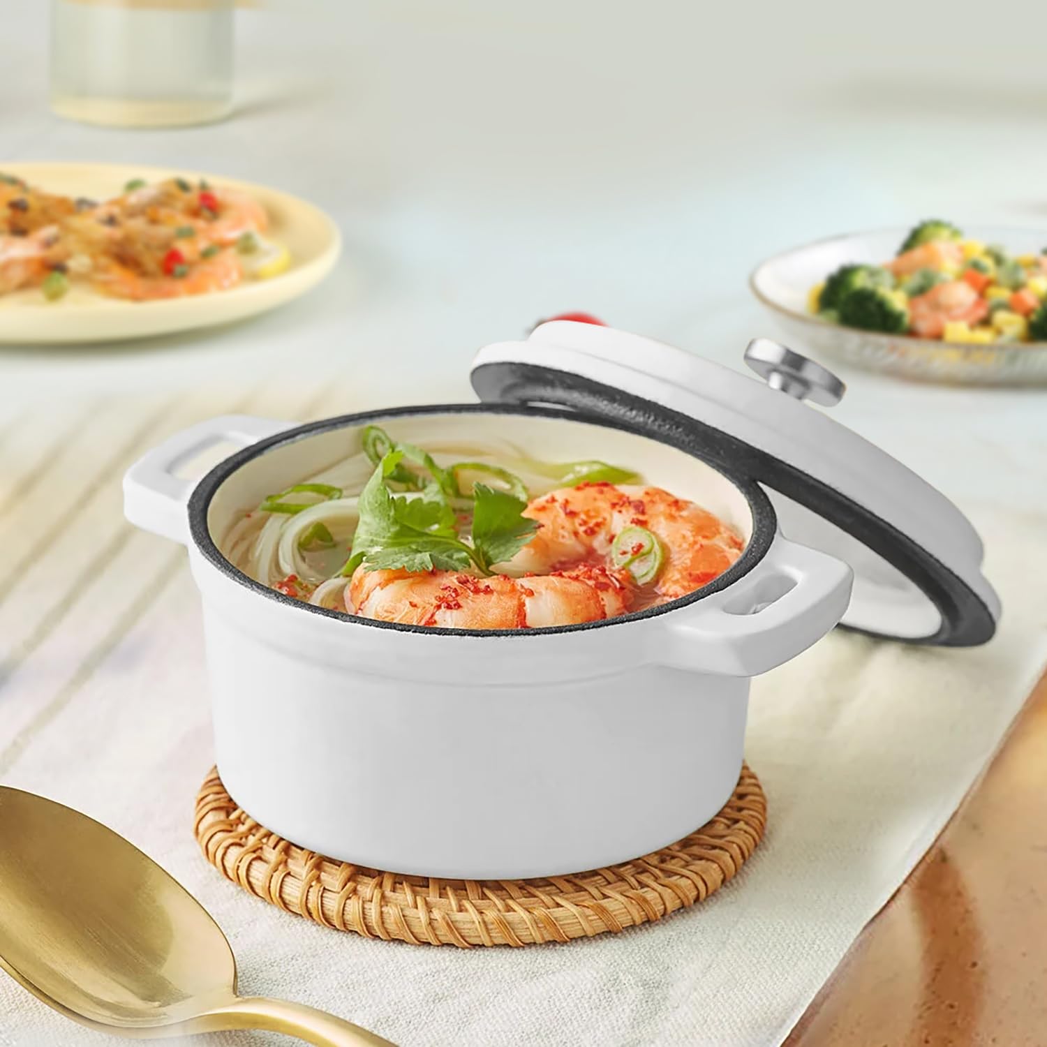 8 oz Mini Dutch Oven & Garlic Roaster - 2-Piece Cast Iron Cocotte Set with Lids (0.25 qt) - Oven Safe Ramekins for Garlic Confit, Baking, Serving - Perfect for Kitchens & Dinner Parties - White