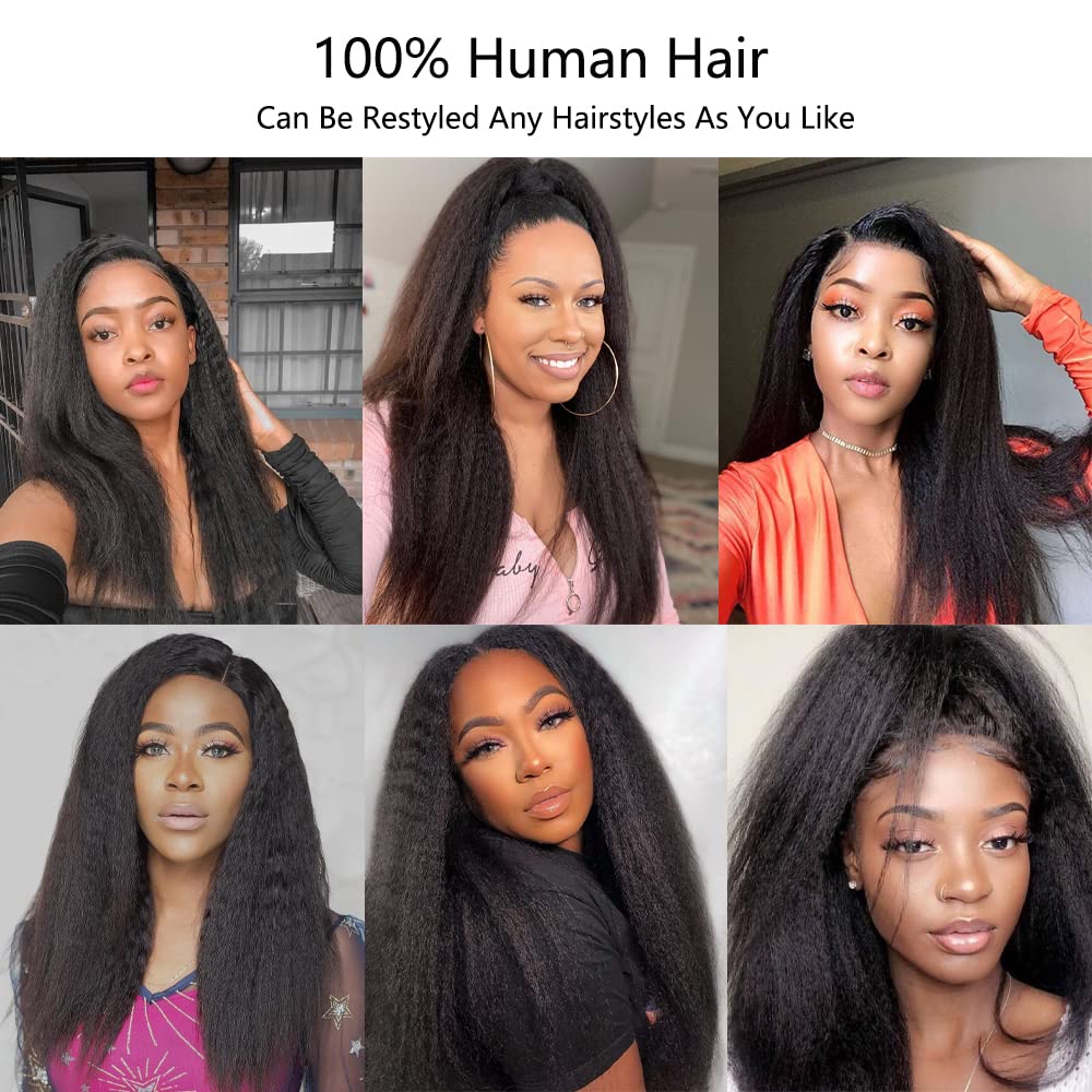 13X4 Kinky Straight Lace Front Wigs Human Hair for Women - 26 Inch Glueless Pre Plucked Hairline with Baby Hair - 180% Density Yaki Straight Lace Wigs Natural Black - Perfect for Daily Wear, Cosplay & Special Occasions