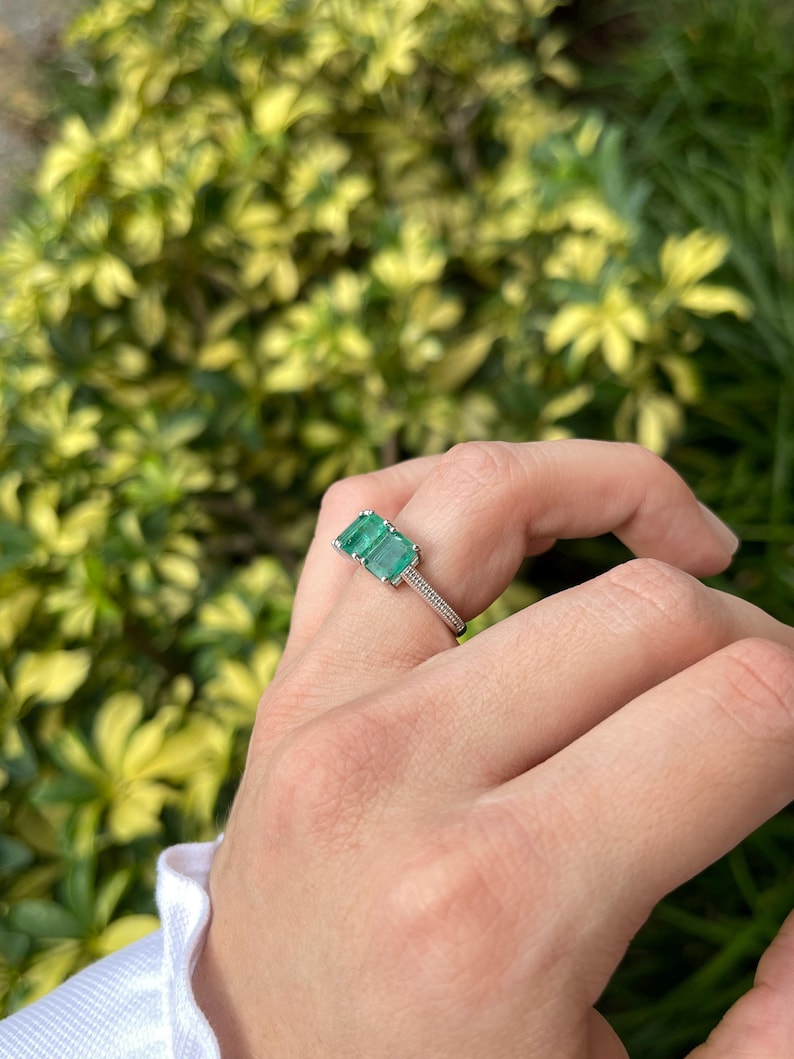 3.25tcw Medium Dark Green Emerald Trilogy Stone Ring in 14K White Gold for Women - Elegant Jewelry Gift for Engagement, Wedding & Special Occasions
