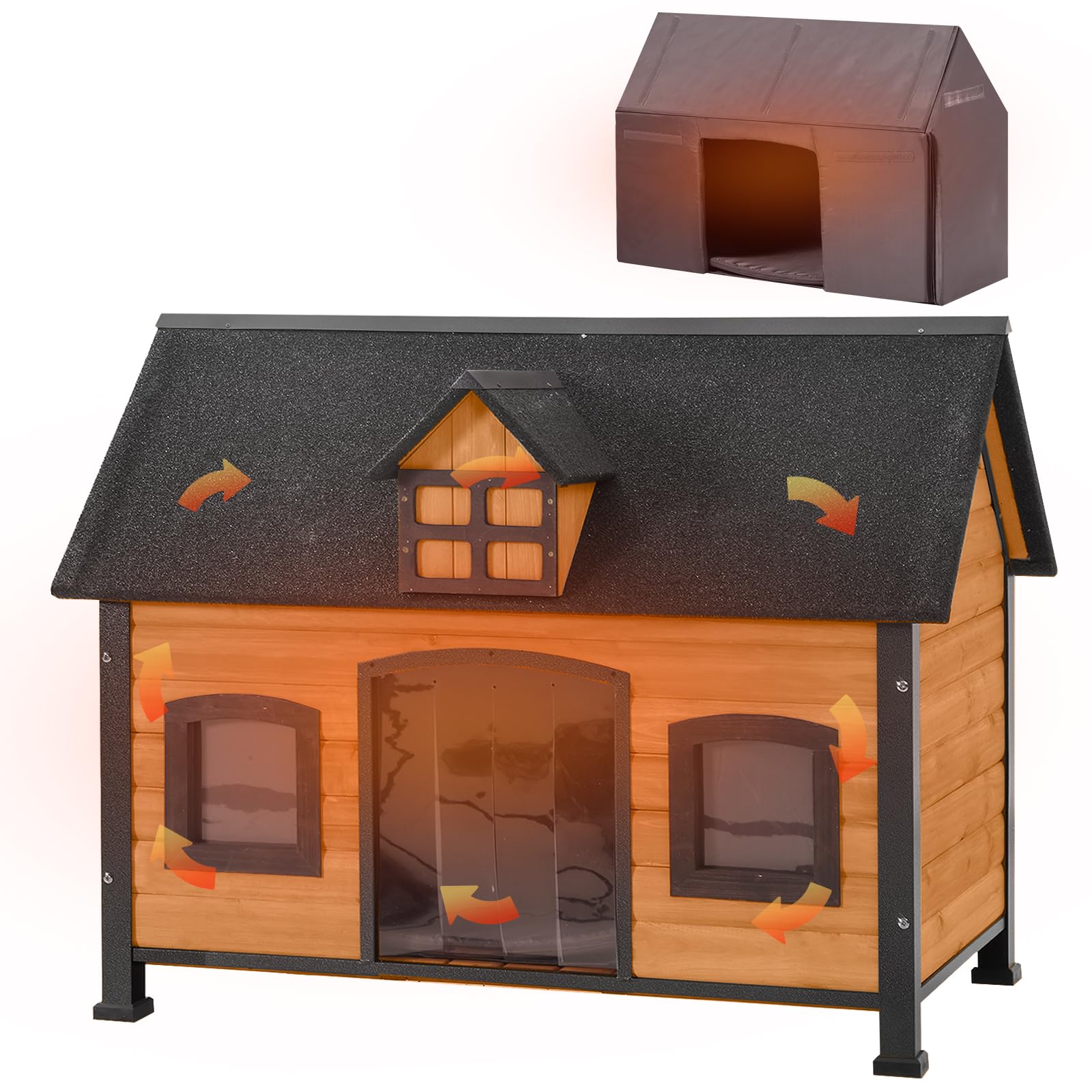 Aivituvin Insulated Wooden Dog House with Anti-Chewing Metal Frame - Weatherproof Indoor/Outdoor Pet Kennel with Unique Roof Design for Small to Medium Dogs | Perfect for Backyard, Patio, and Garage Use