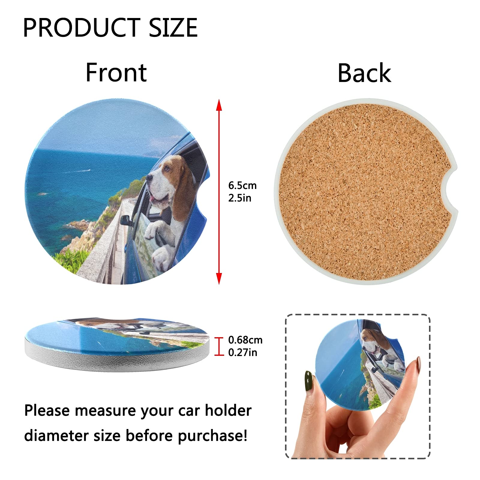 2 Pack Absorbent Ceramic Car Cup Coasters for Drinks - Cute Beagle Design with Fingertip Grip (2.5 Inch) - Perfect for Cars, Trucks & SUVs to Prevent Spills & Protect Cup Holders