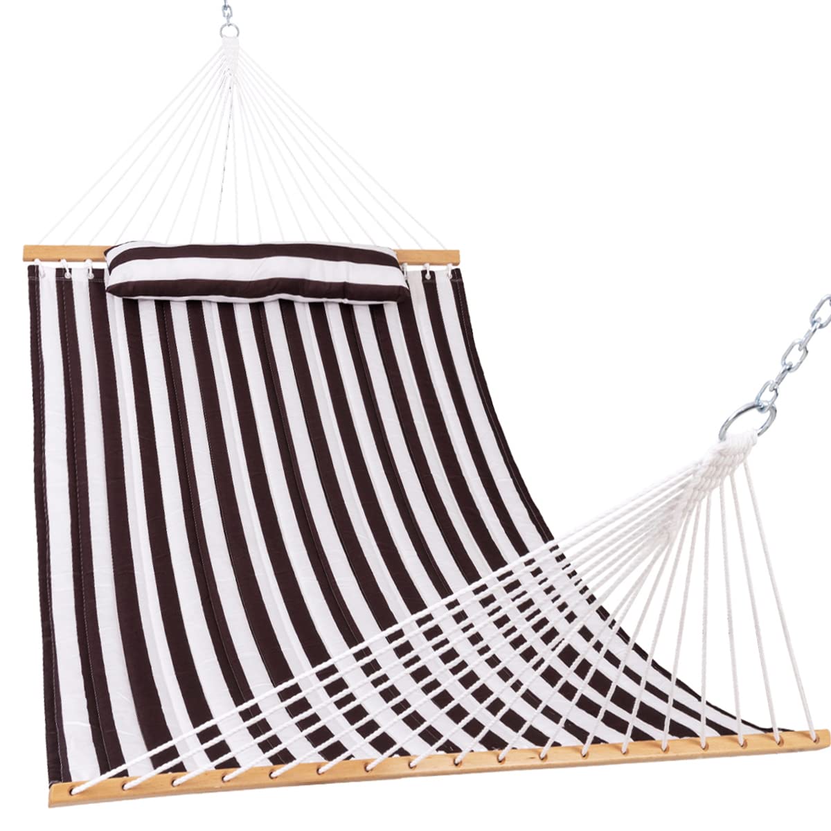 12 FT Quilted Double Hammock with Spreader Bar & Chains - 2-Person Outdoor Hammock for Patio, Poolside, Backyard & Beach - Includes Pillow & 450 lbs Capacity (Brown/White) - Perfect for Relaxing, Lounging & Summer Getaways