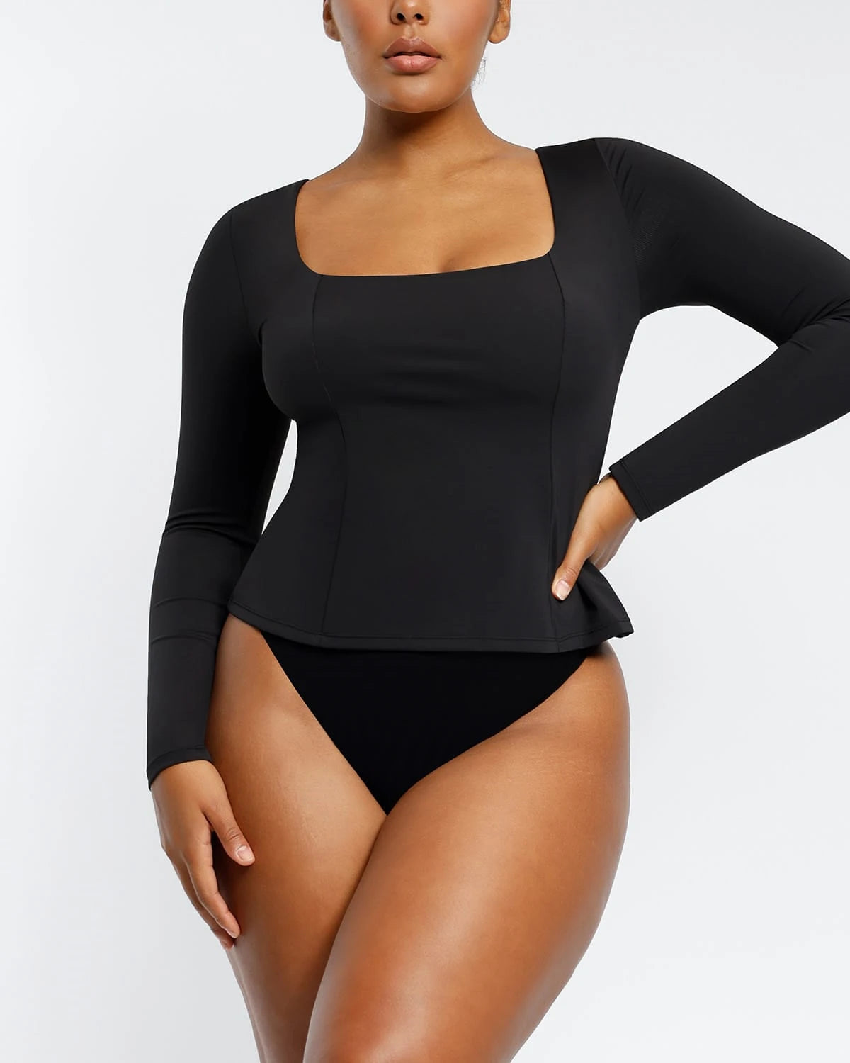 2-in-1 Built-in Shapewear Scoop Neck Long Sleeve Sculpting Top for Women | Slimming Tummy Control Bodysuit for Everyday Wear & Layering