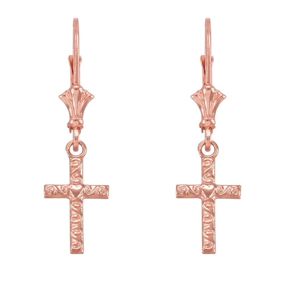 14k Rose Gold Twirl Heart Cross Dangle Earrings - Elegant & Romantic Jewelry for Women, Perfect for Valentine's Day, Anniversary, Wedding & Special Occasions