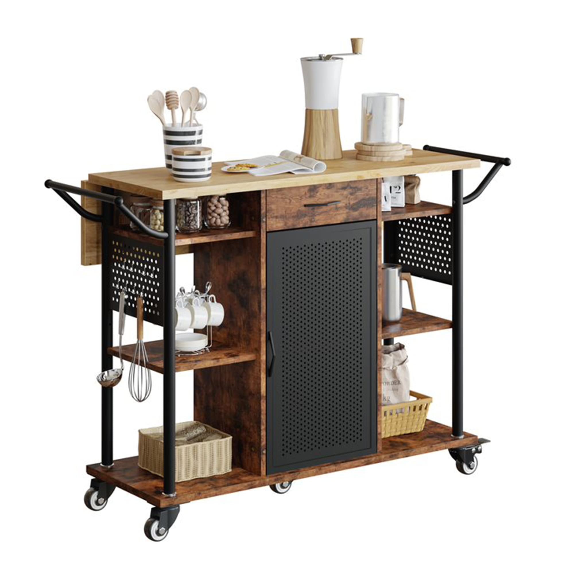 Bestier 6-Tier Rolling Kitchen Cart with Collapsible Extender - Storage Cabinet, Drawer & Side Handles - Mobile Utility Cart for Small Spaces - Perfect for Kitchen, Bathroom, Office or Dorm Organization (Brown)