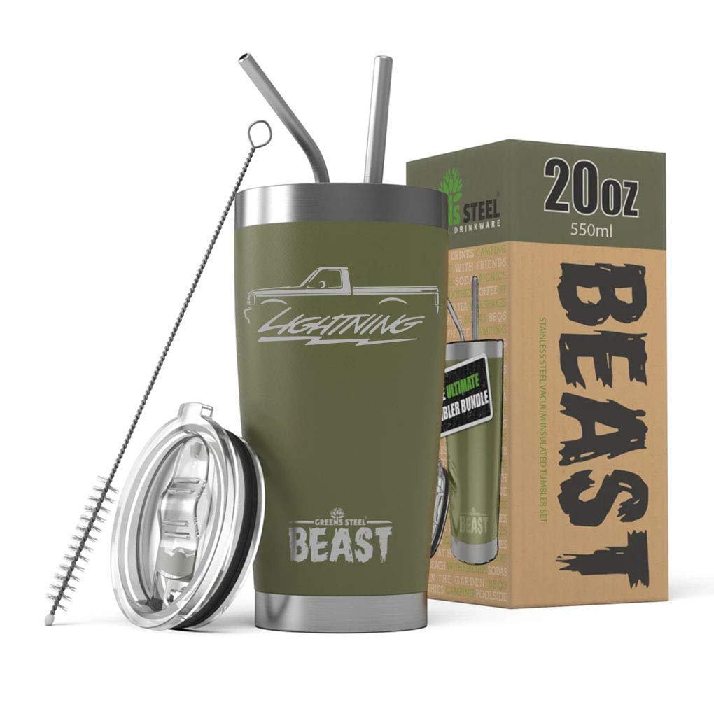 1993-1995 Ford SVT Lightning F150 Truck 20oz Stainless Steel Insulated Tumbler with Lid - 2 Straws, Cleaning Brush & Gift Box - Perfect for Car Enthusiasts, Camping, Travel & Outdoor Adventures