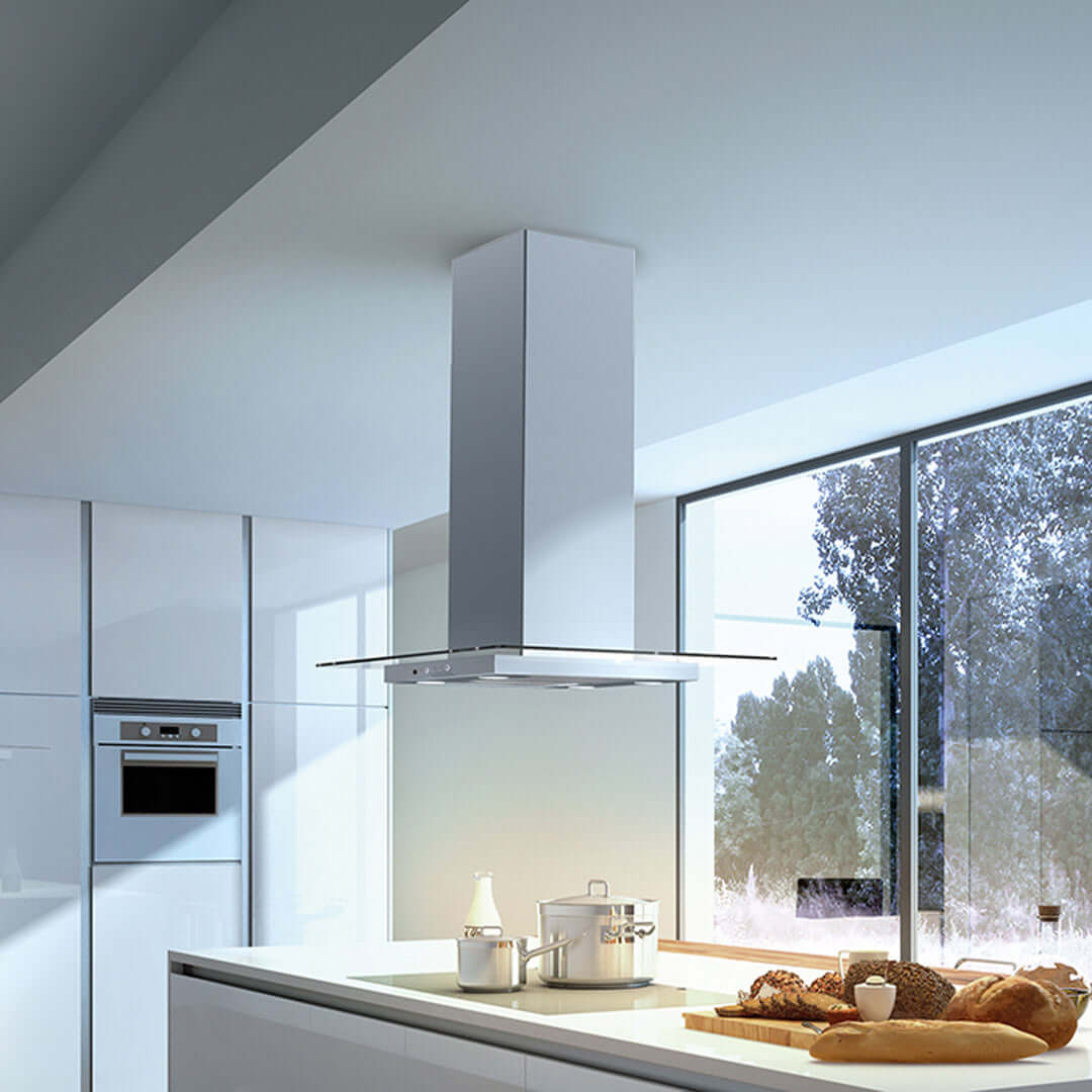 Faber Glassy Isola 36-Inch Stainless Steel Island Mount Range Hood - Powerful Kitchen Ventilation for Modern Open-Concept Homes