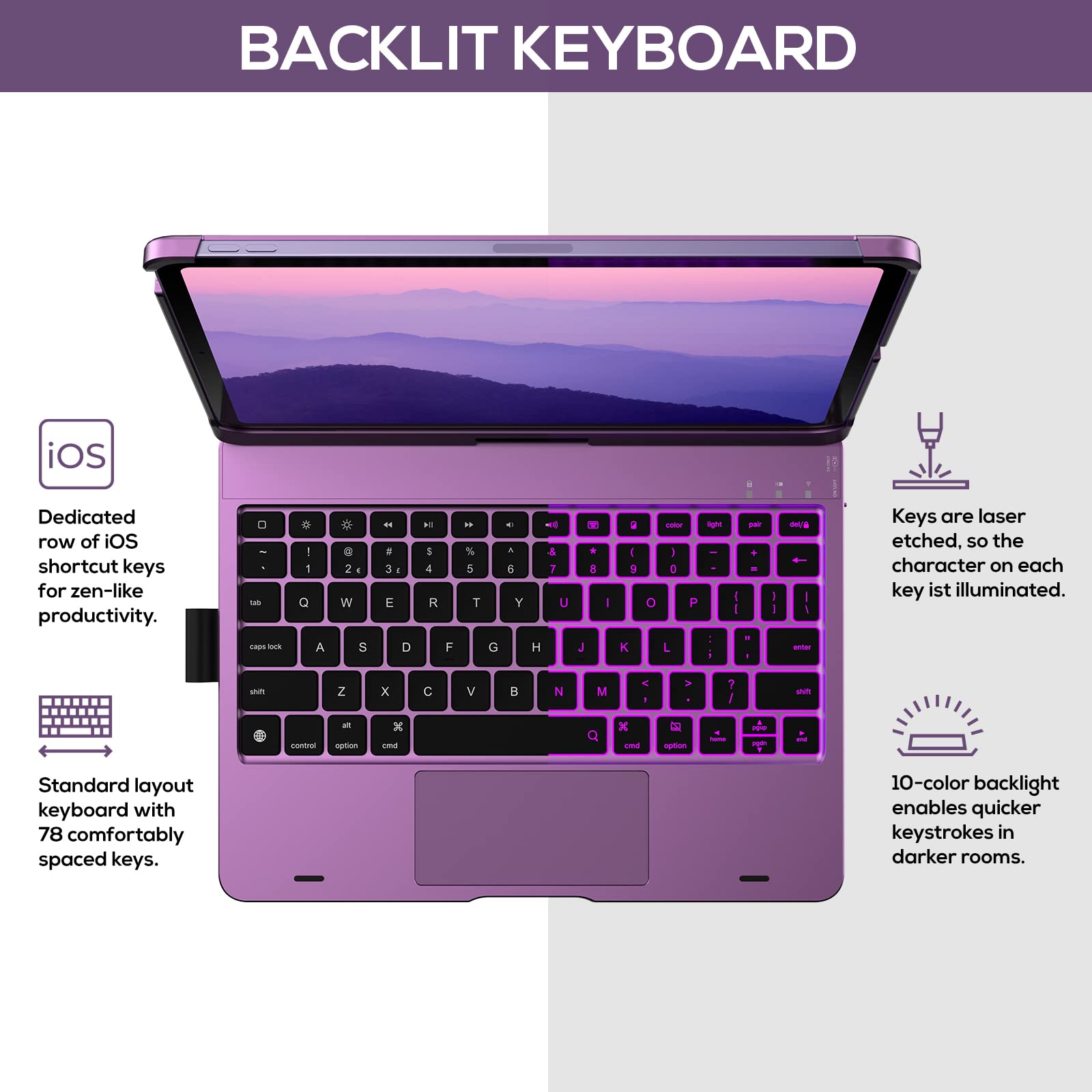 360° Rotatable Touch Keyboard Case with Trackpad for iPad Air 11-inch (M3 2025/M2 2024) - Wireless Backlit Keyboard with 11 Color Options & Pencil Holder - Compatible with iPad Air 5th & 4th Gen (Purple) - Perfect for Work, Study & Creative Projects