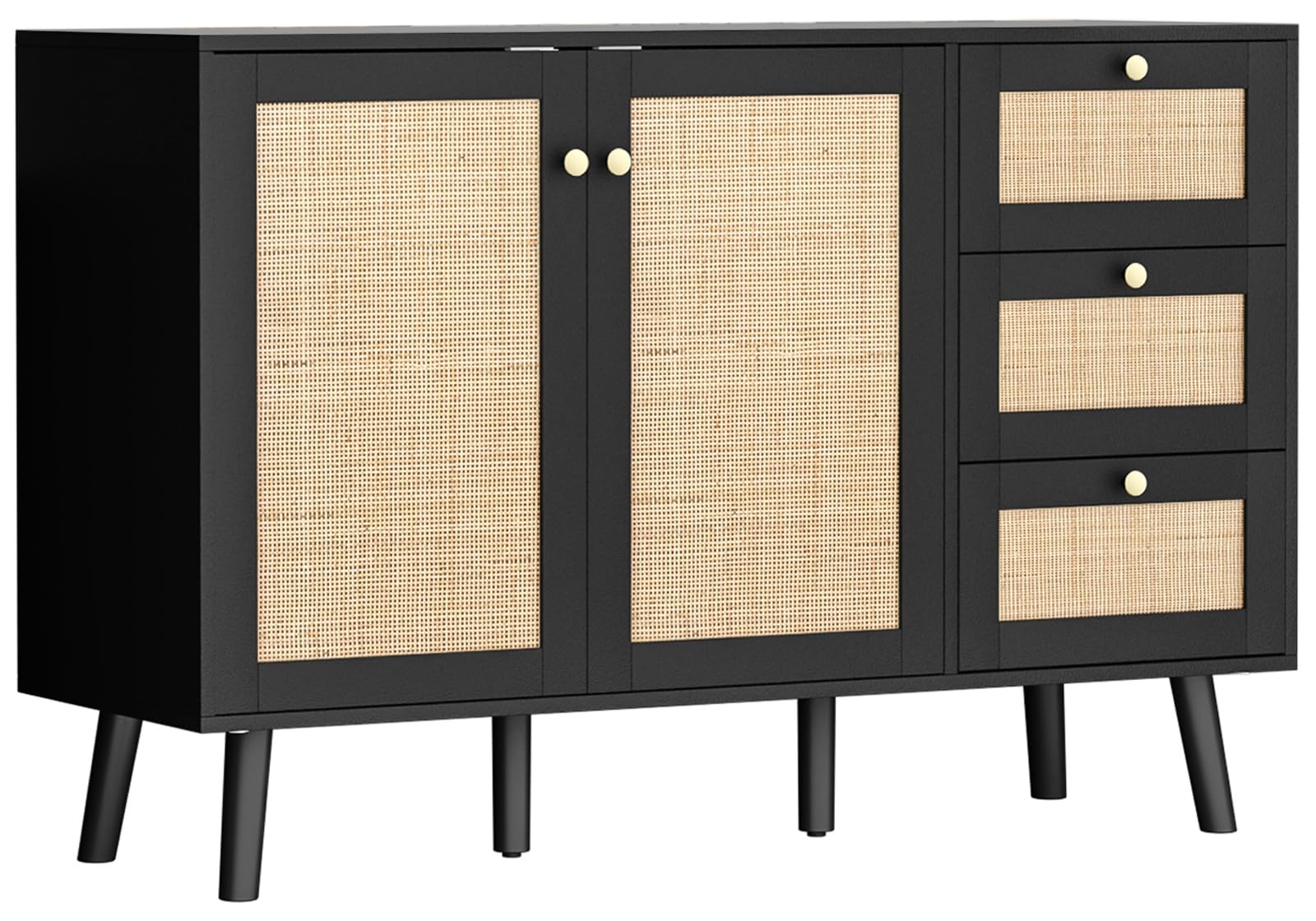 Anmytek Black Rattan Sideboard Buffet Cabinet - 2 Doors & 3 Drawers Storage Credenza for Dining Room, Hallway, Kitchen | Perfect for Home Organization & Entertaining Guests