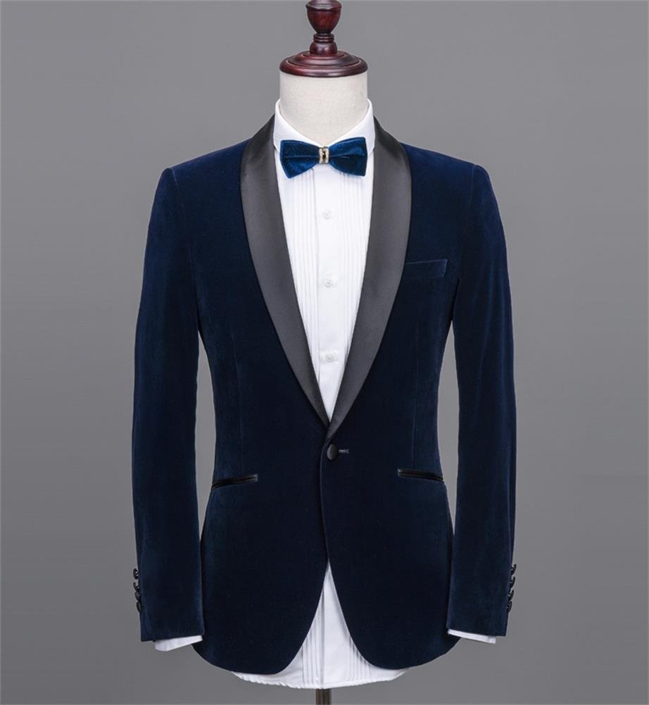 FOLOBE Men's Velvet Suit Jacket - Slim Fit One-Button Business Blazer Coat for Formal Occasions, Navy Blue | Perfect for Weddings, Office Meetings & Evening Events