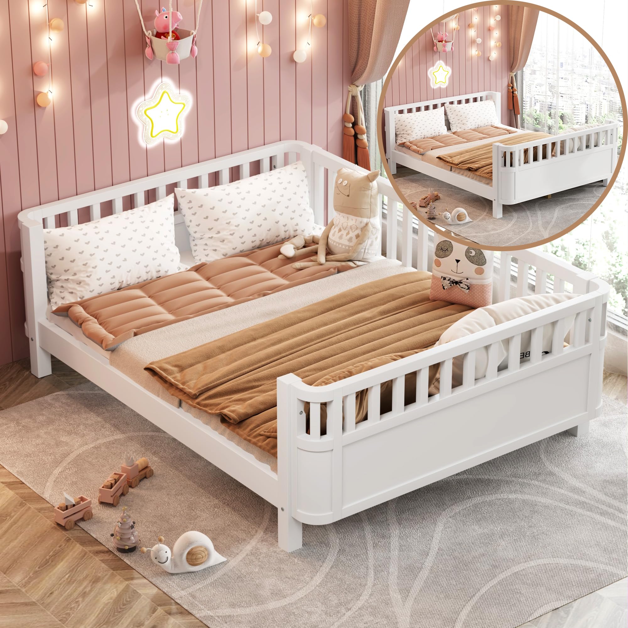 Montessori Full Size Bed with Guardrails - Solid Wood Kids Bed Frame with Slats Support - Low Profile Modern Toddler Bed with Removable Side Rails for Boys & Girls - Perfect for Bedroom, Nursery or Playroom - White