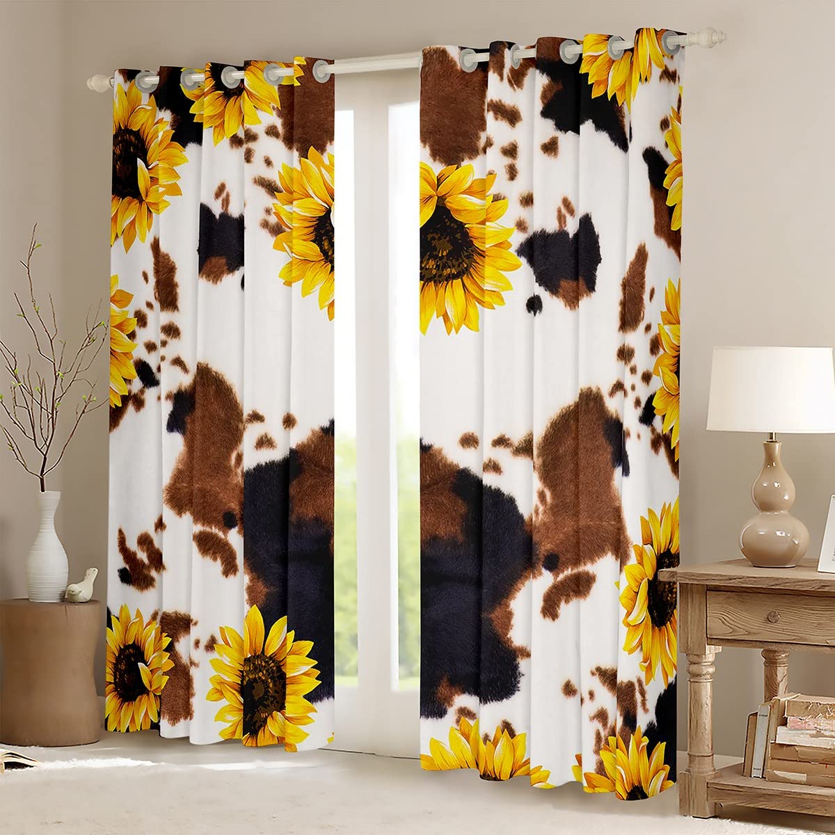 Cow Print Window Curtains 42x63 Inch - White Brown Black Cowhide Sunflower Design, Machine Washable, Western Animal Theme for Bedroom Decor | Perfect for Farmhouse, Boho, and Kids' Room Aesthetic