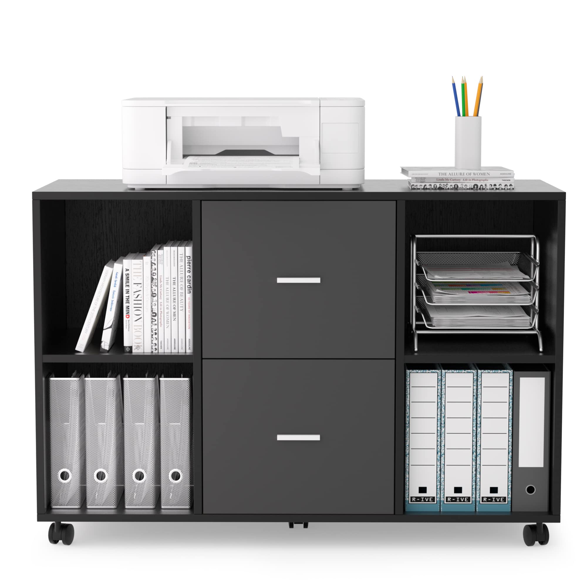 DEINPPA Wooden Horizontal Filing Cabinet with 4 Open Storage Shelves - Home Office Lateral File Cabinet with Lock & Printer Stand (Black-Dark Gray) - Perfect for Organizing Documents, Office Supplies & Printers in Small Spaces